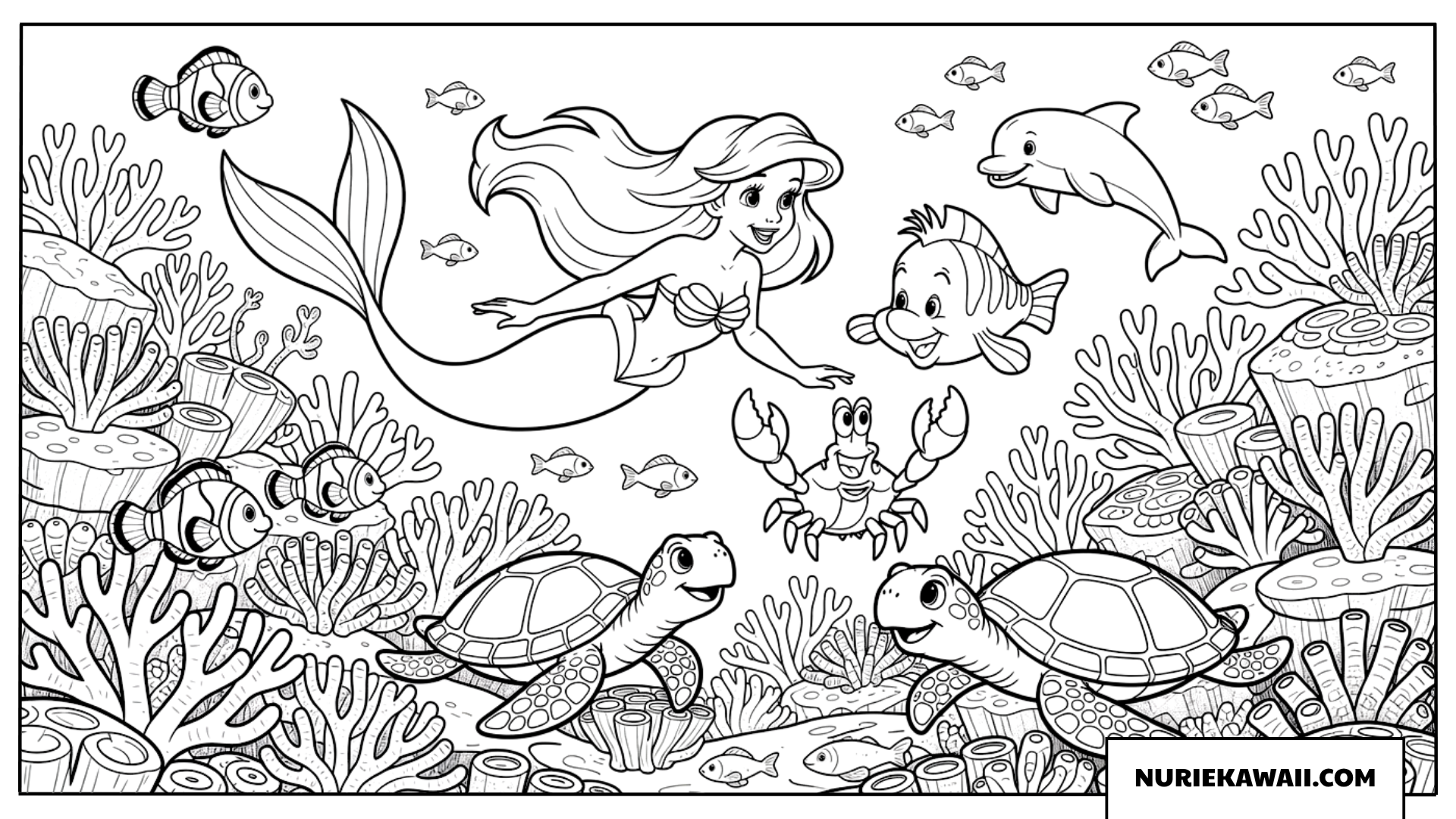アリエルと仲間たち海亀と泳ぐ海底塗り絵