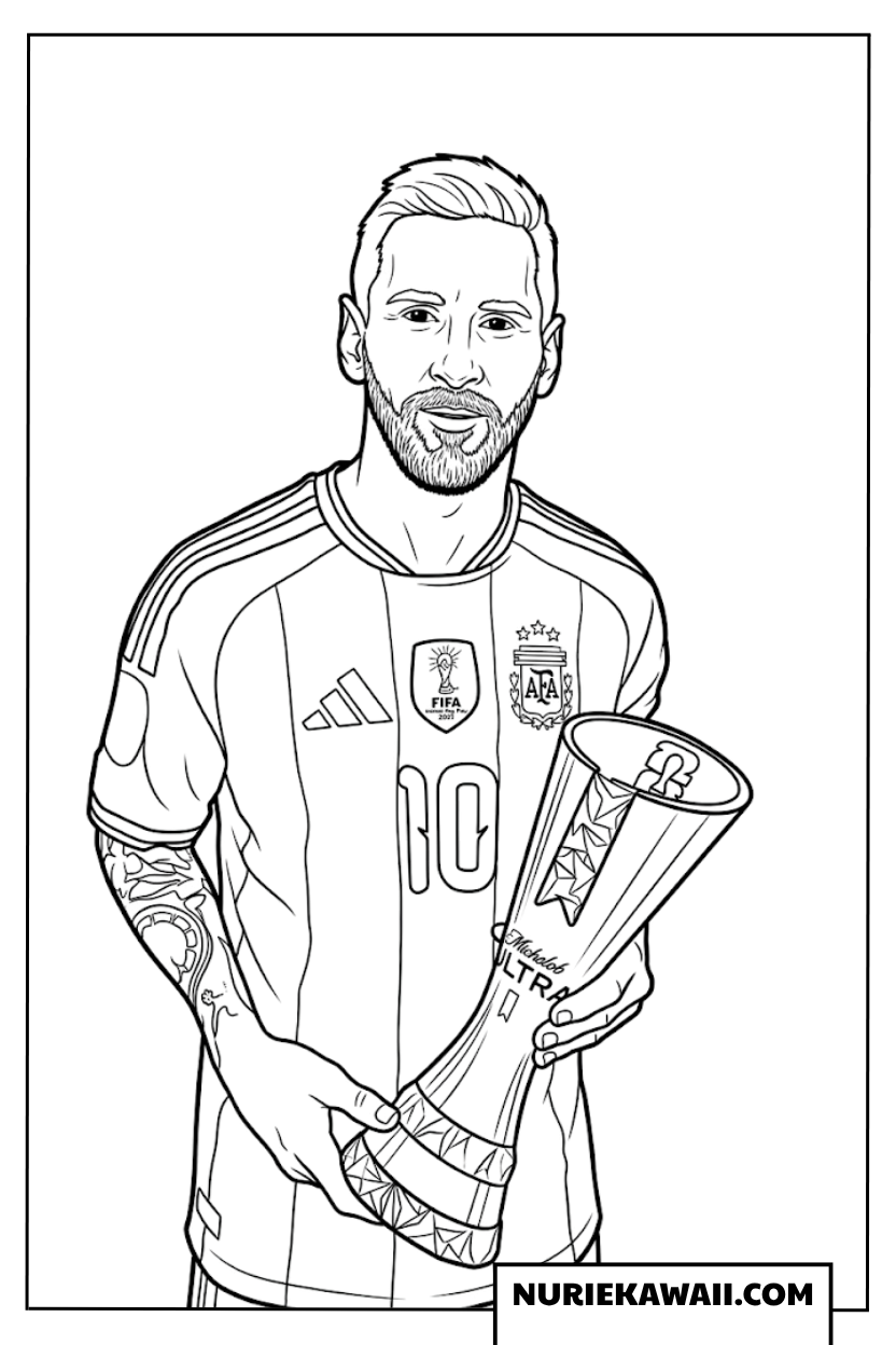 アルゼンチン代表のレジェンドリオネルメッシがトロフィーを掲げる塗り絵