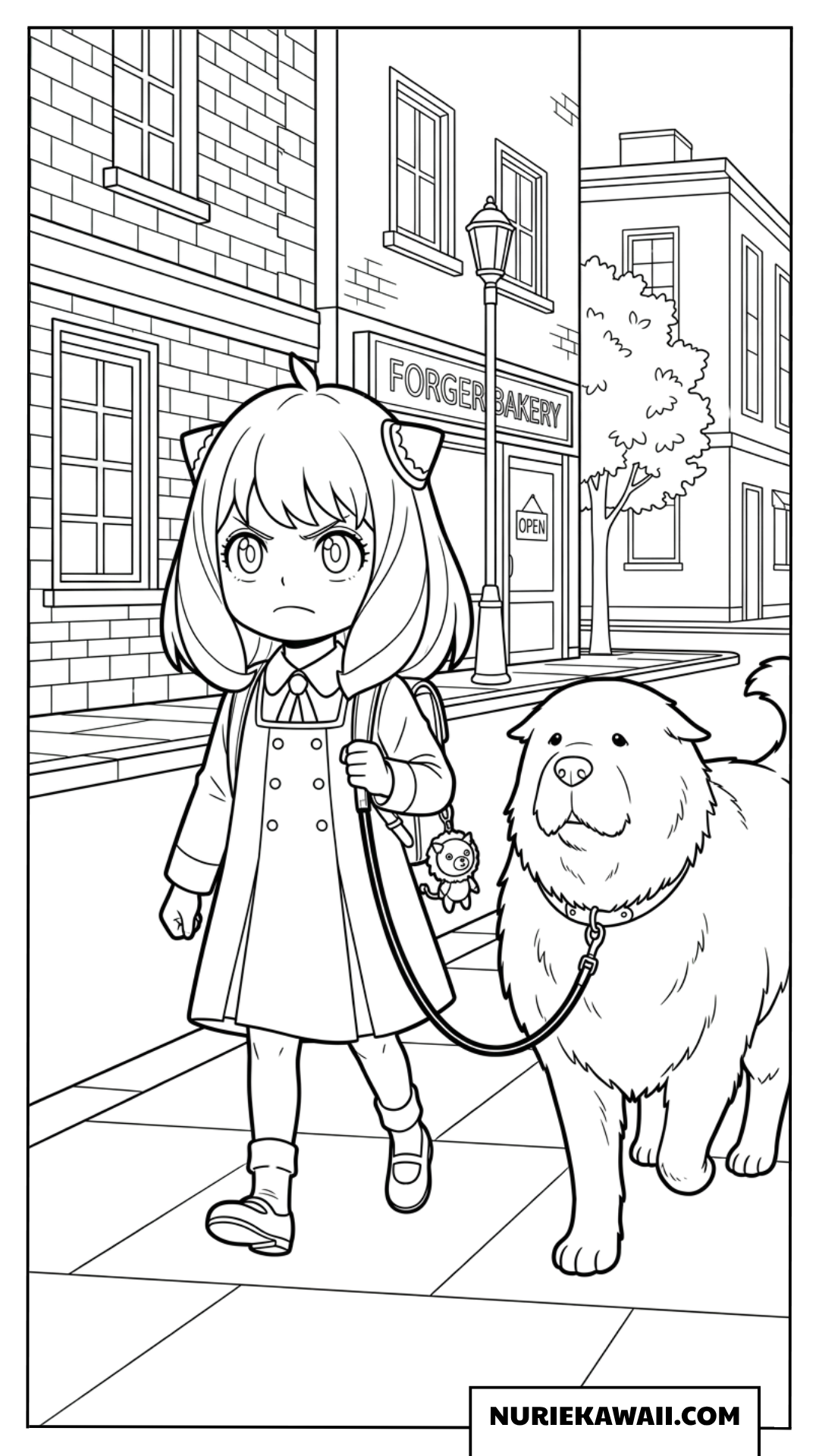 アーニャがボンドのリードを持って街を散歩する塗り絵
