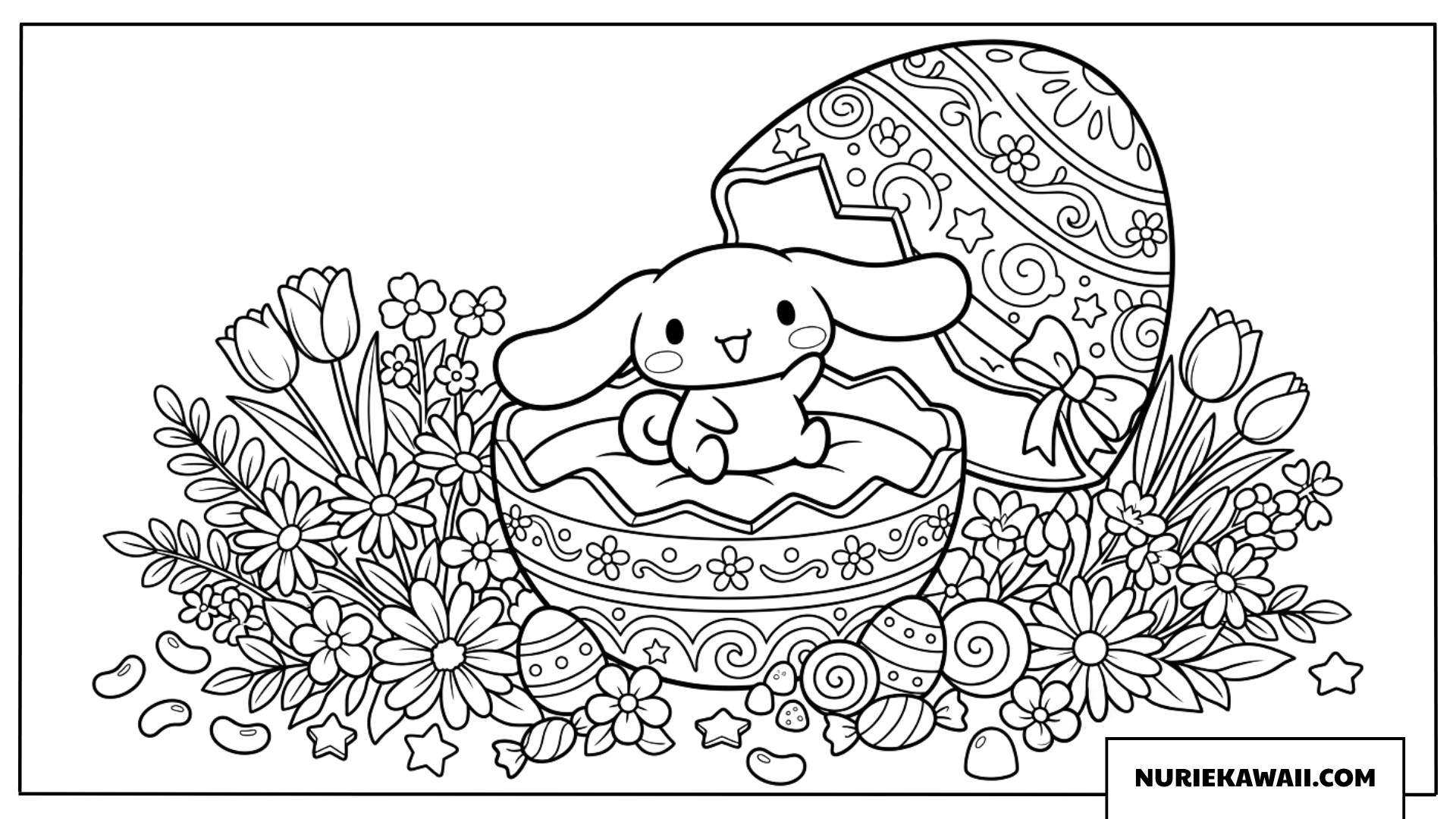 イースターエッグから顔を出す元気なシナモロールの塗り絵