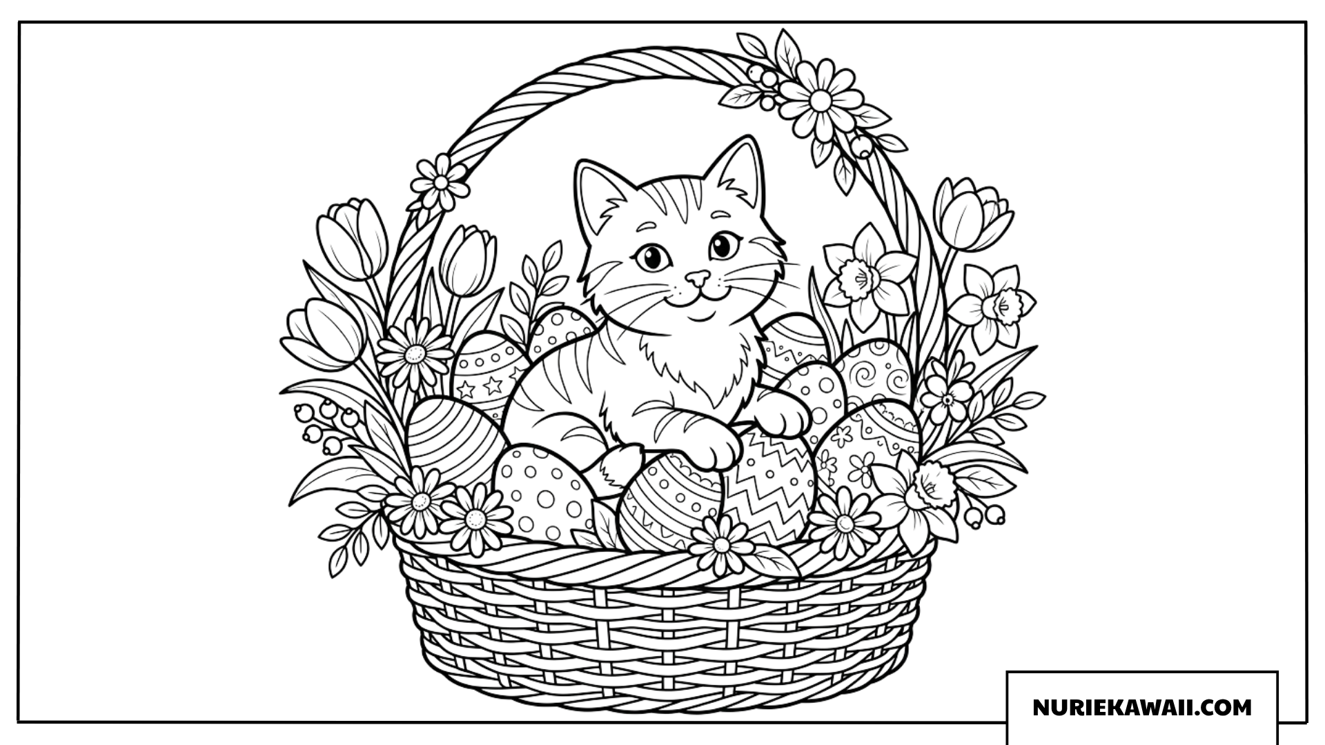 イースターエッグと春の花に囲まれたカゴの中の猫の塗り絵