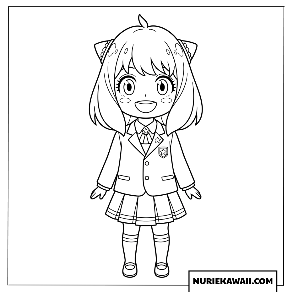 エデン校の制服を着て笑顔で行儀よく立つちびキャラアーニャの塗り絵