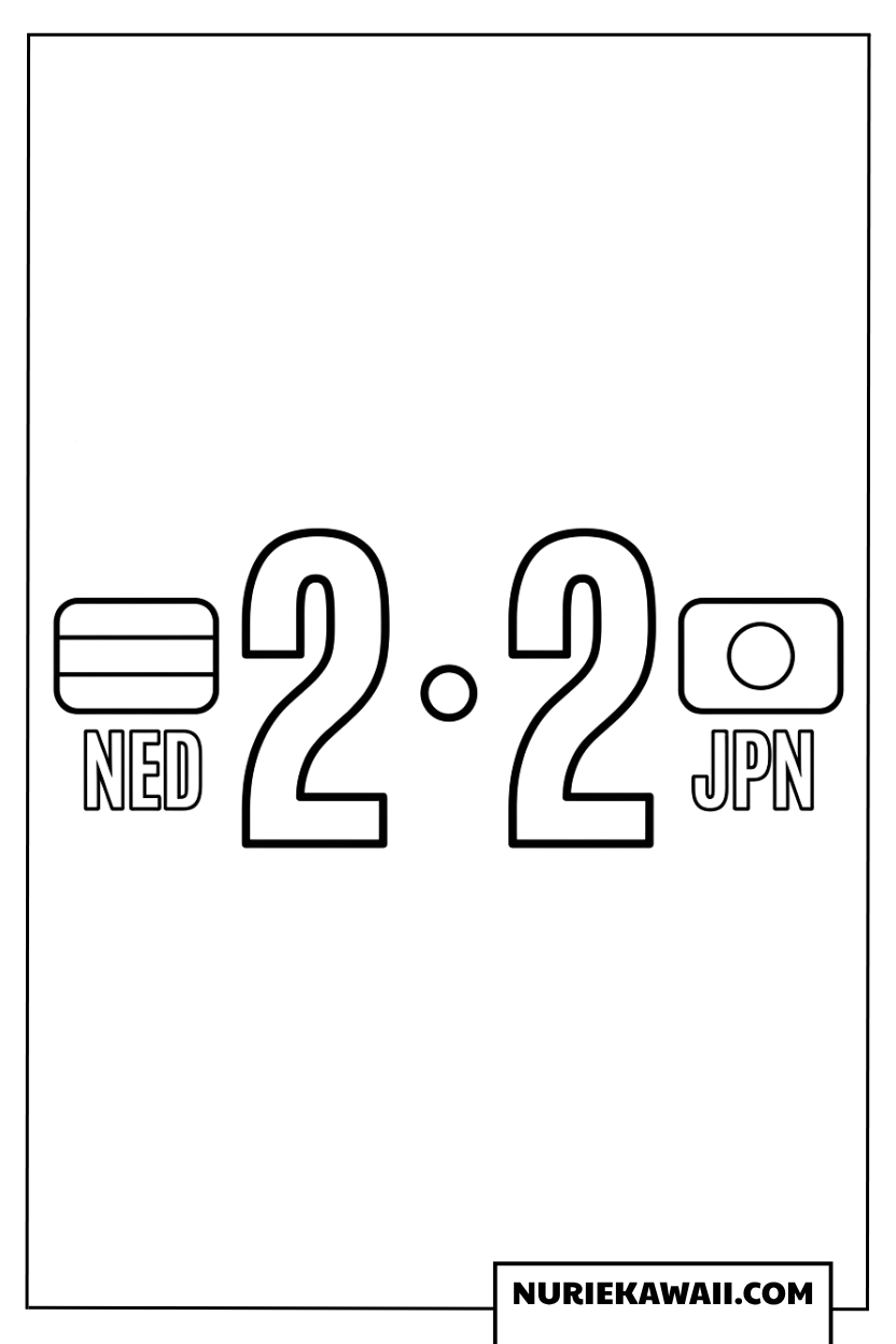 オランダ対日本の劇的な2対2の引き分けスコアボードの塗り絵