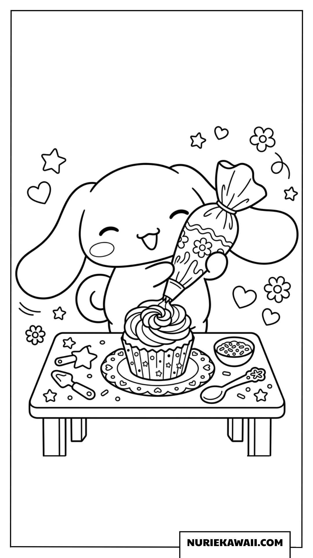 カップケーキのデコレーションに夢中なシナモロールの塗り絵
