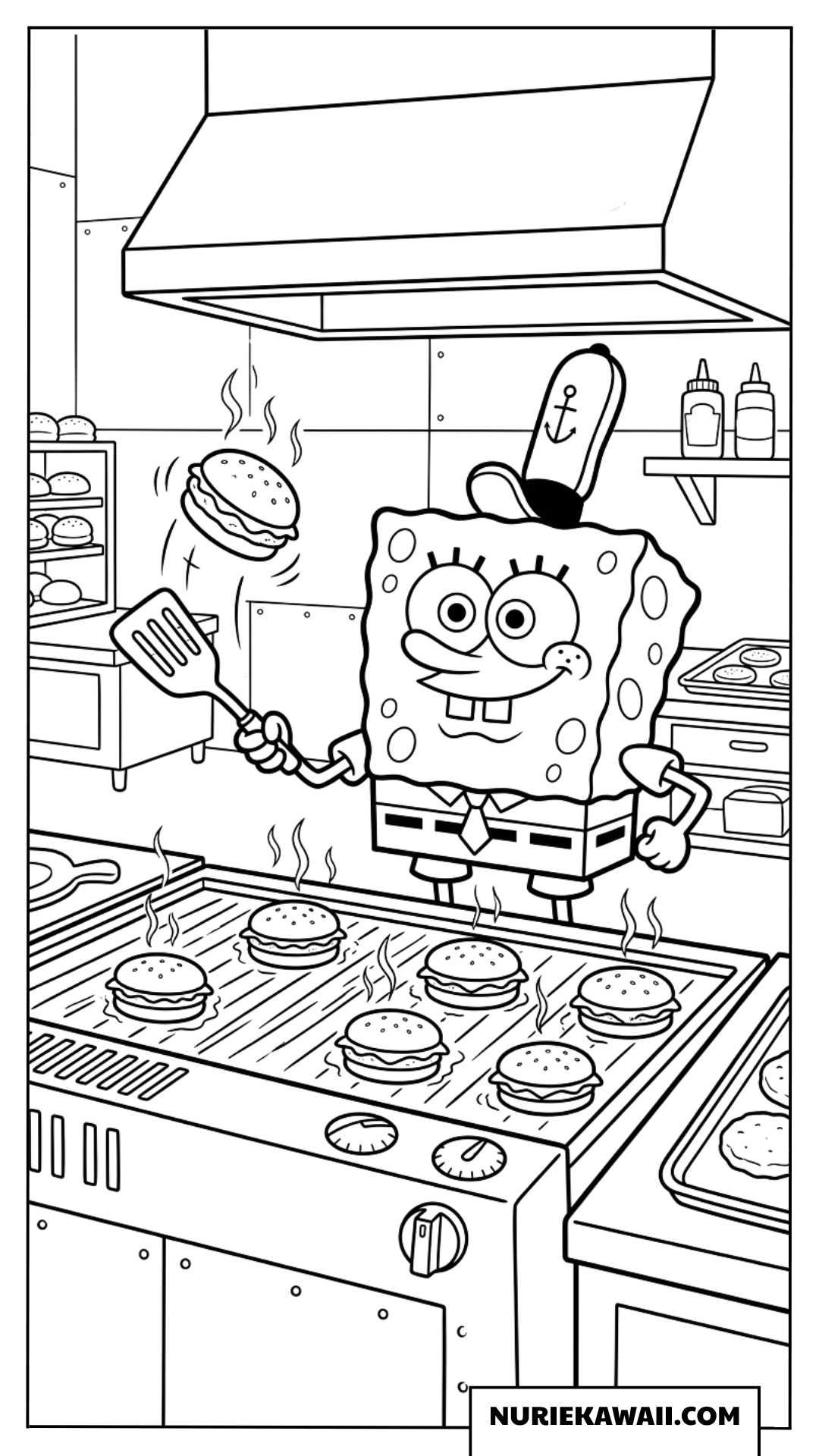 カニカーニの厨房で楽しそうにハンバーグをひっくり返すスポンジボブの塗り絵