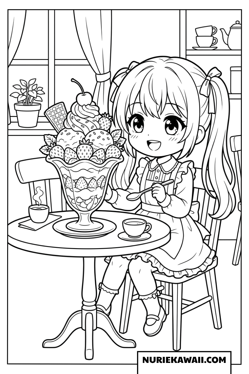 カフェで大きなパフェを食べるちびキャラ女の子の塗り絵