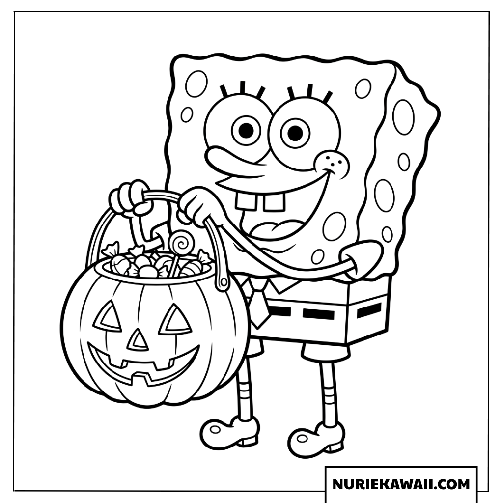 カボチャのバケツとたくさんのお菓子を持つスポンジボブの塗り絵