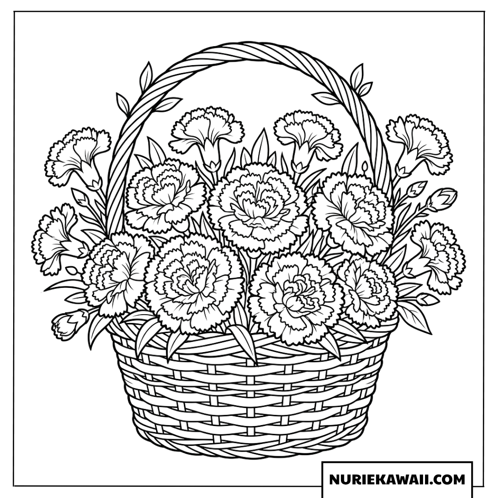 カーネーションのバスケットの塗り絵
