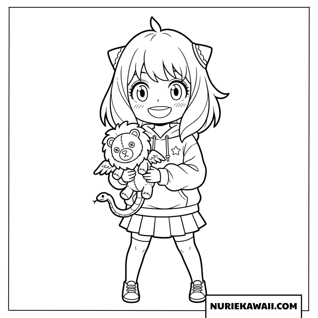 キメラ長官のぬいぐるみを抱きしめるパーカー姿のちびキャラアーニャの塗り絵