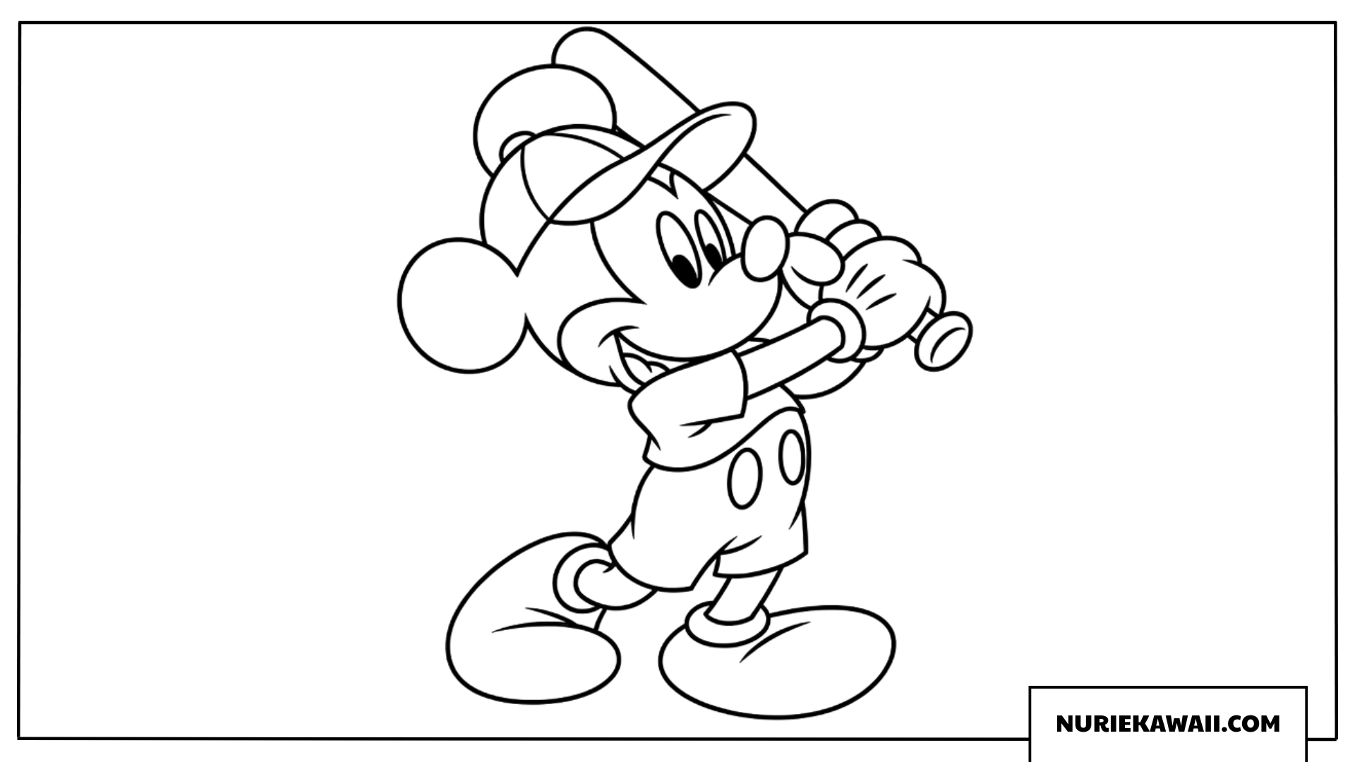 キャップをかぶってバットを構えるミッキーマウスの野球の塗り絵