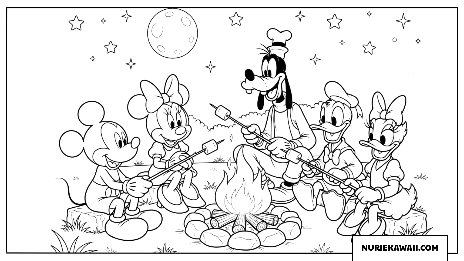 キャンプファイヤーを囲むミッキーと仲間の楽しい塗り絵