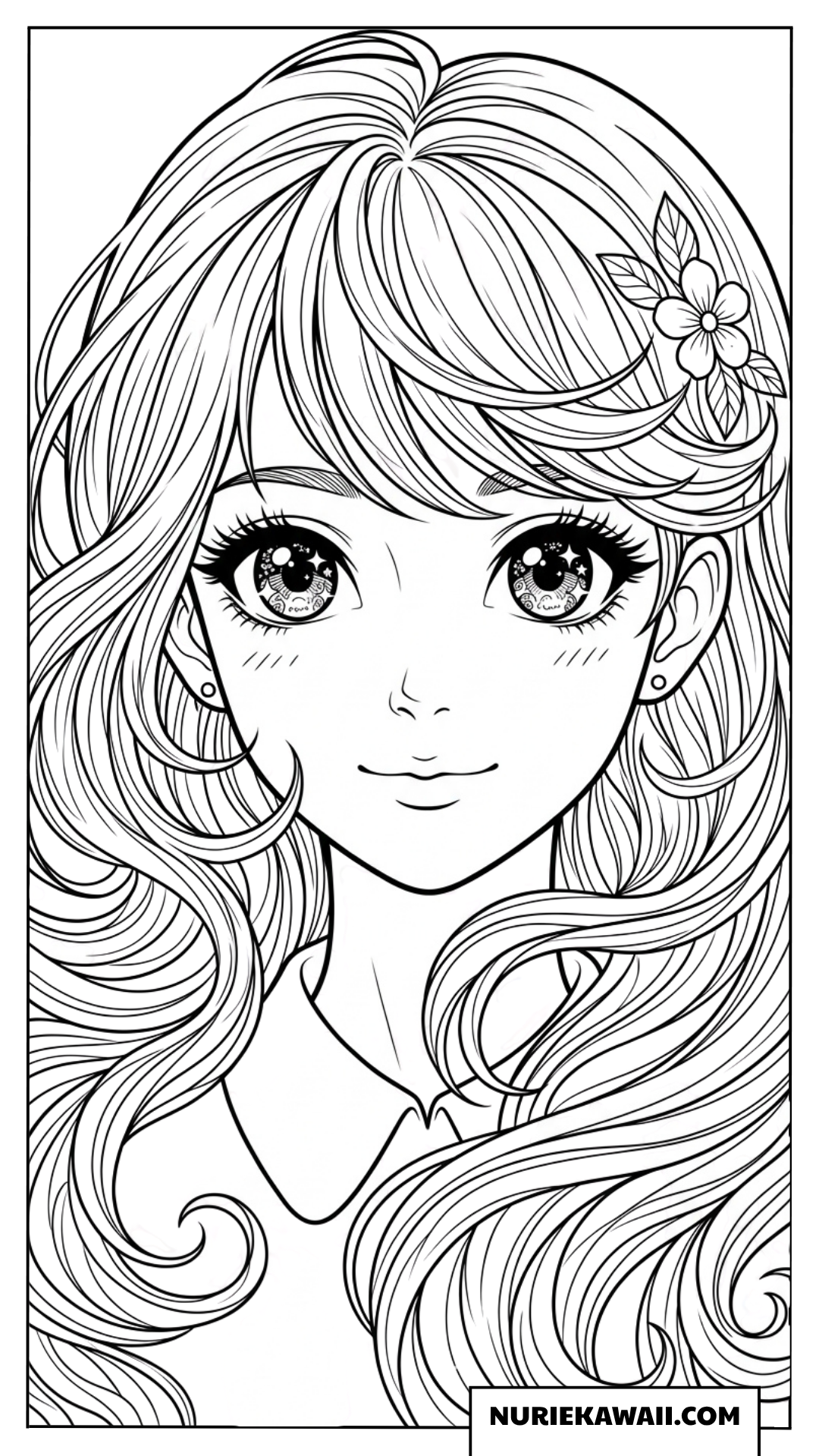 キラキラした瞳とウェーブヘアが美しいアニメの女の子の顔のアップ塗り絵