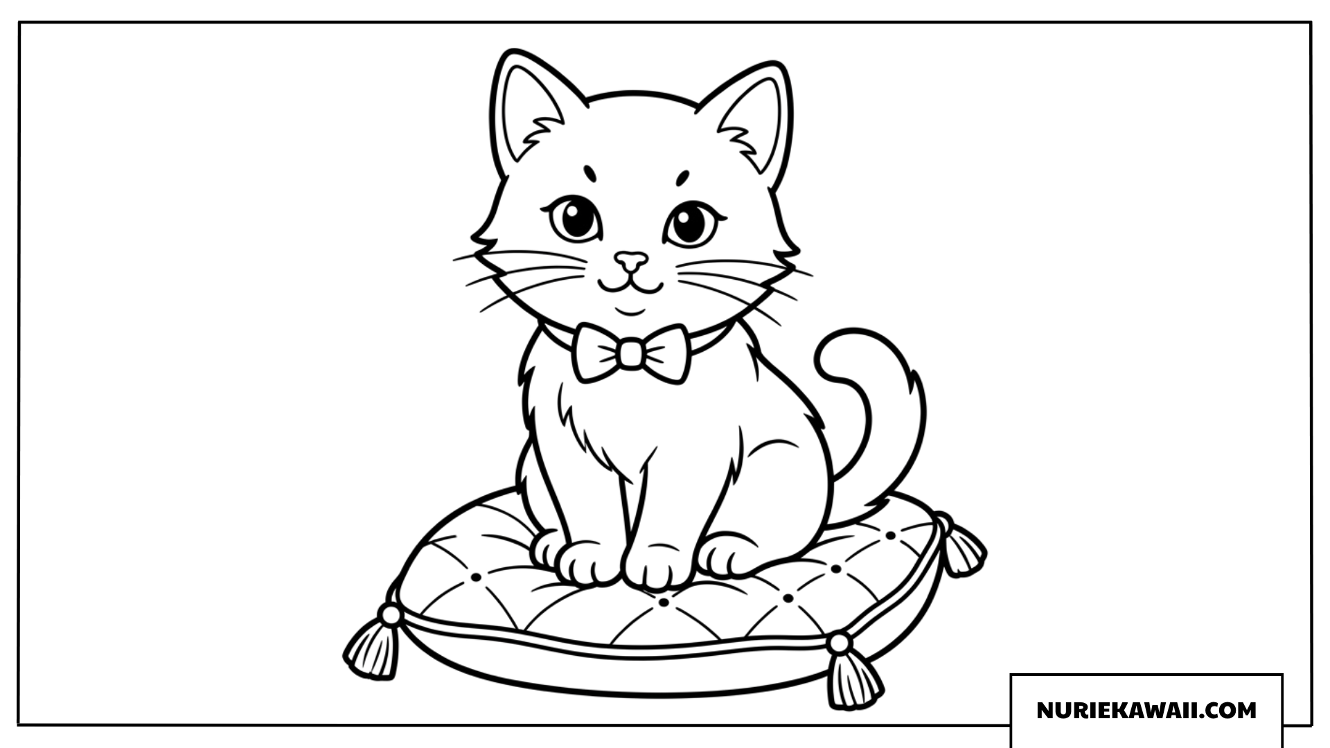 クッションの上で蝶ネクタイをつけた子猫の塗り絵