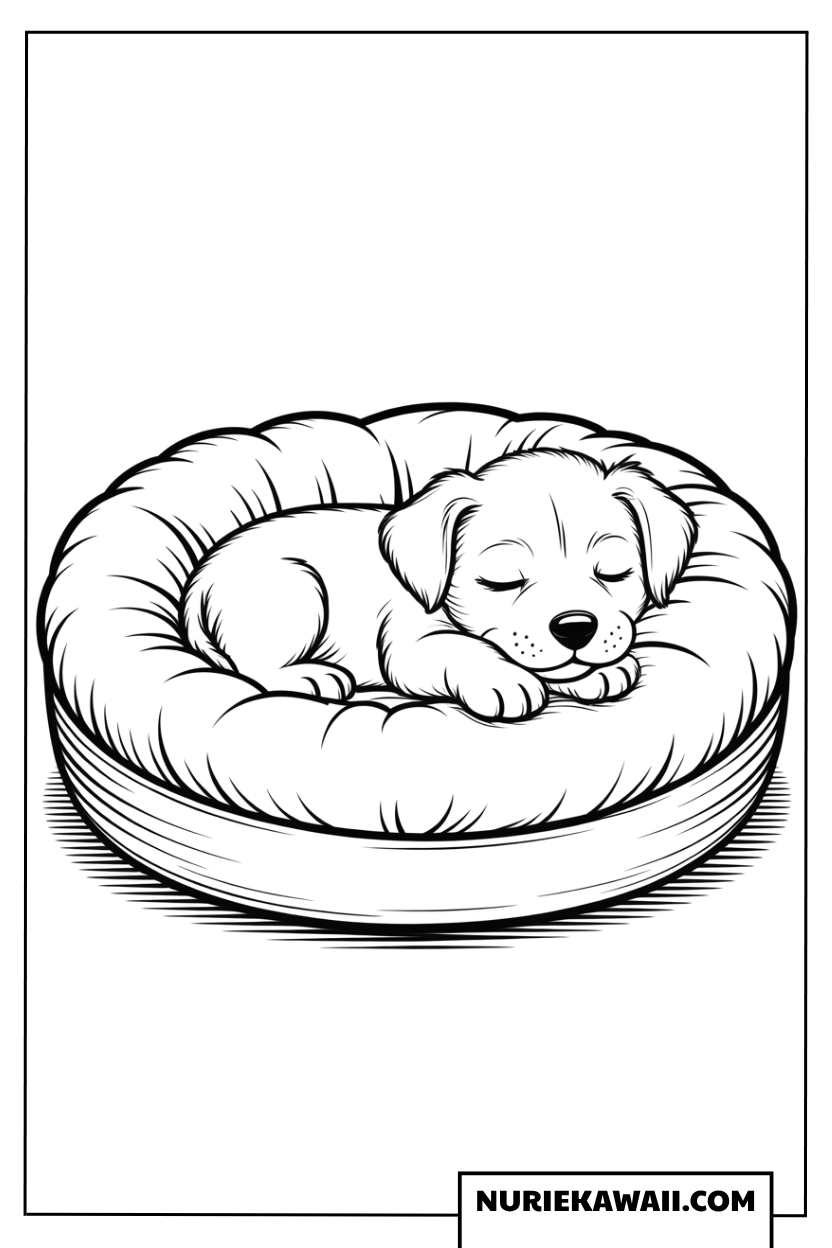 クッションベッドで眠る可愛い子犬の塗り絵