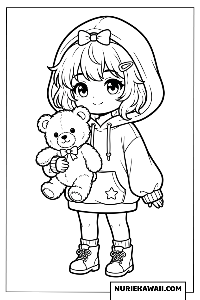 クマのぬいぐるみとパーカーちびキャラ女の子の塗り絵