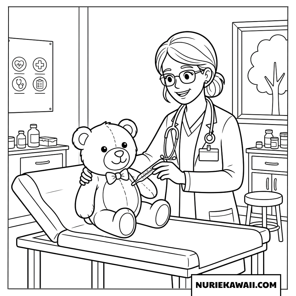 クマのぬいぐるみを診察する女医さん女の子塗り絵