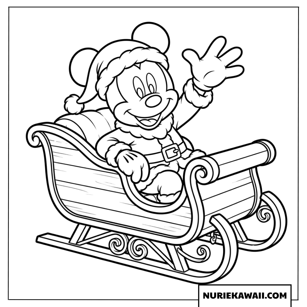 クリスマスのそりに乗って手を振っているミッキーの塗り絵