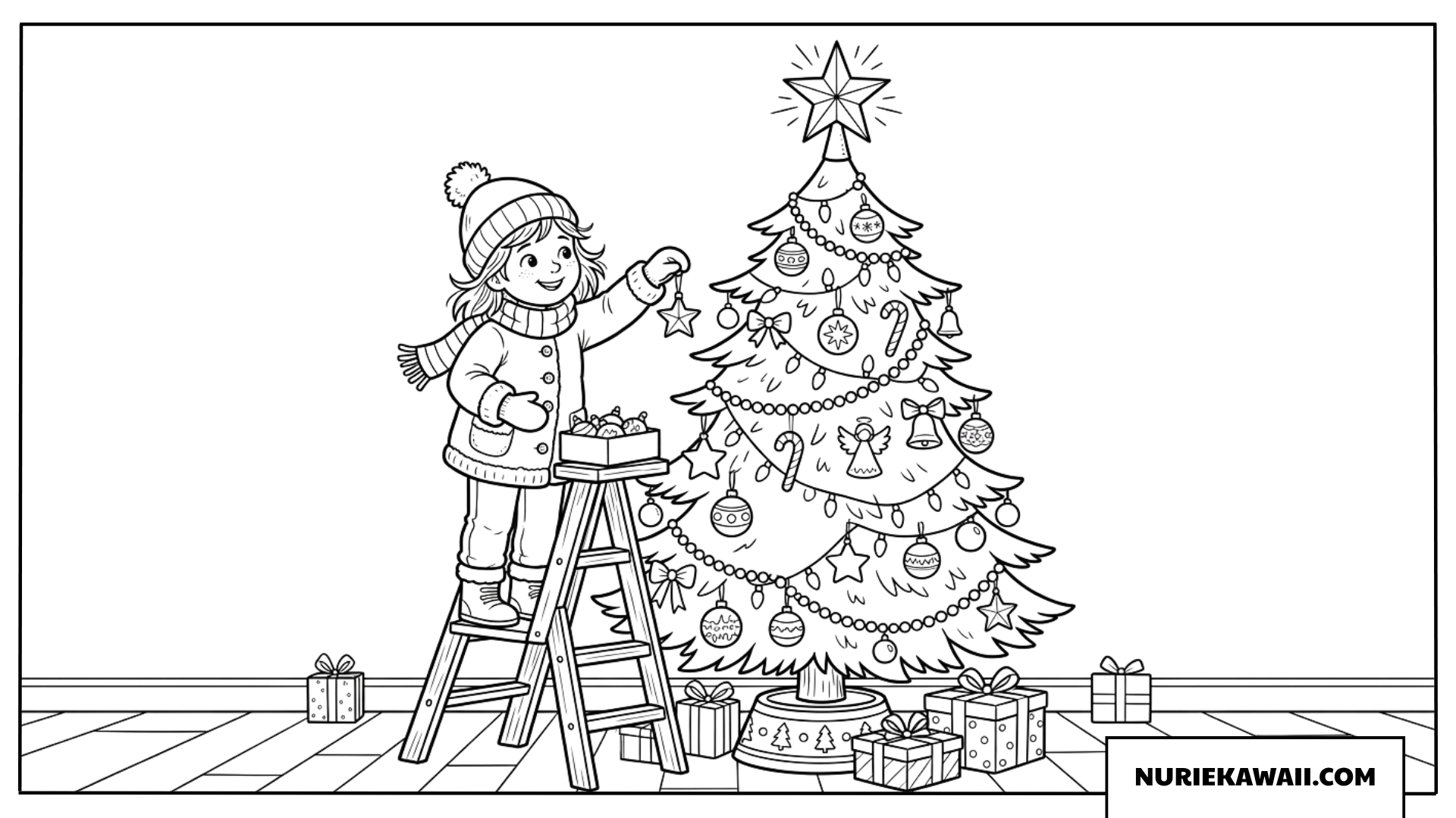 クリスマスツリーにかわいいオーナメントを飾る女の子の塗り絵