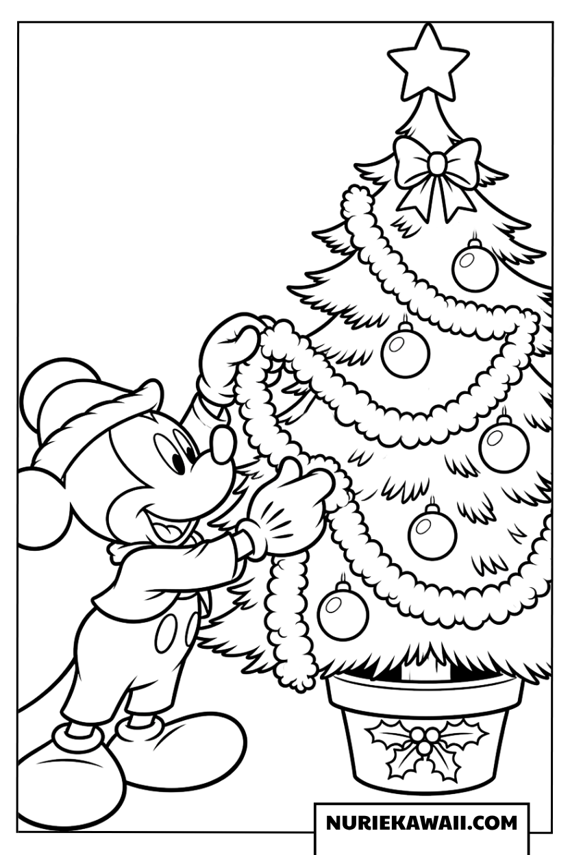 クリスマスツリーに白いモールを巻き付けて飾り付けするミッキーの塗り絵