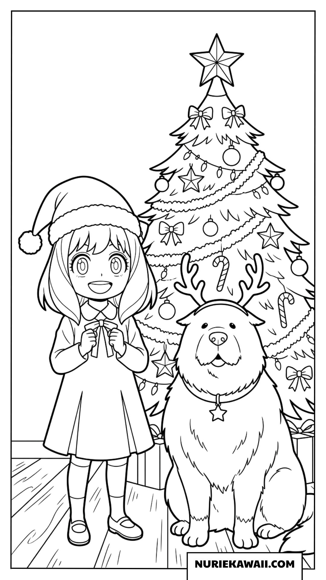 クリスマスツリーの前で笑顔を見せるアーニャとボンドの塗り絵