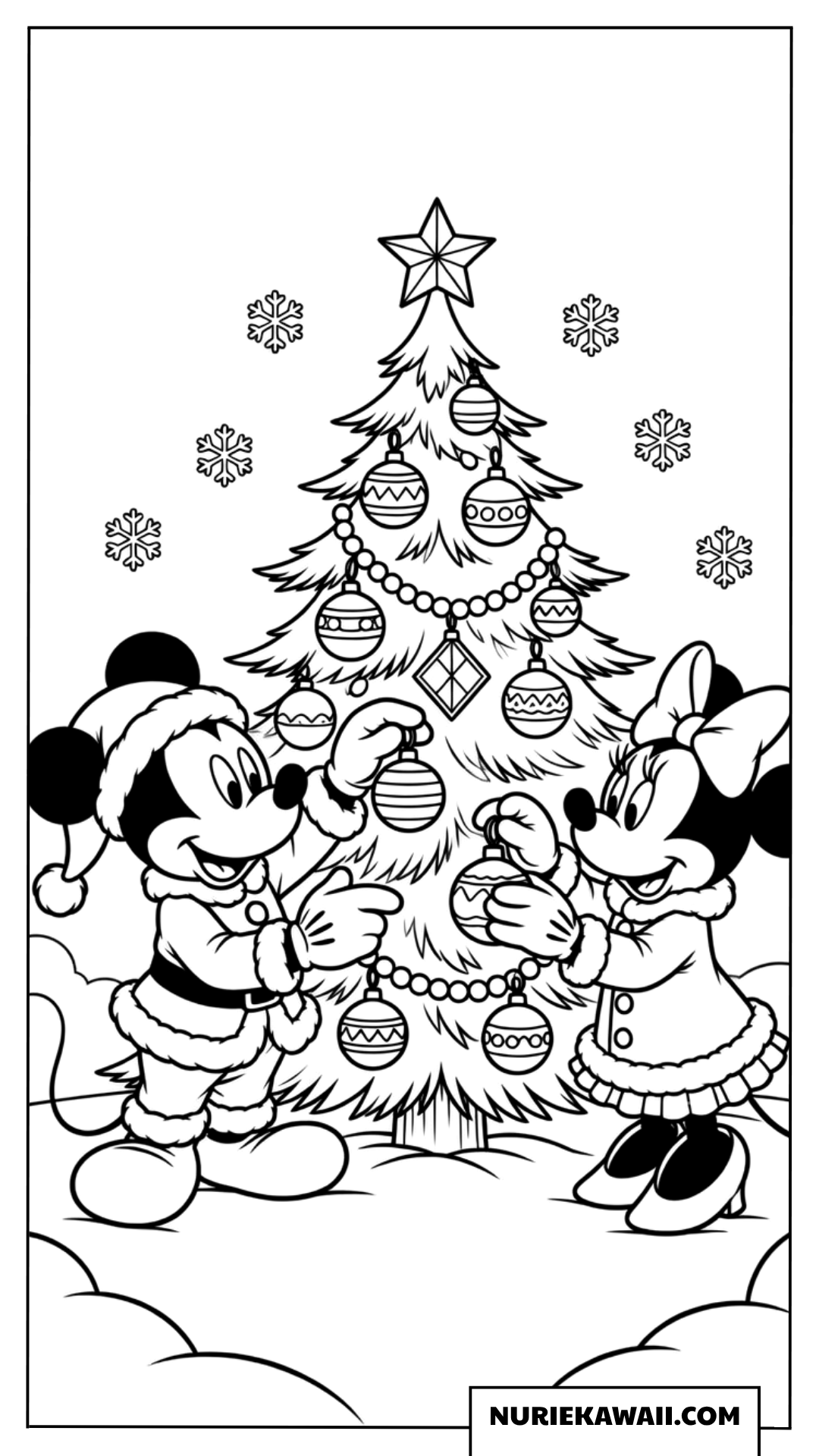 クリスマスツリーを飾るミッキーとミニーの冬の塗り絵
