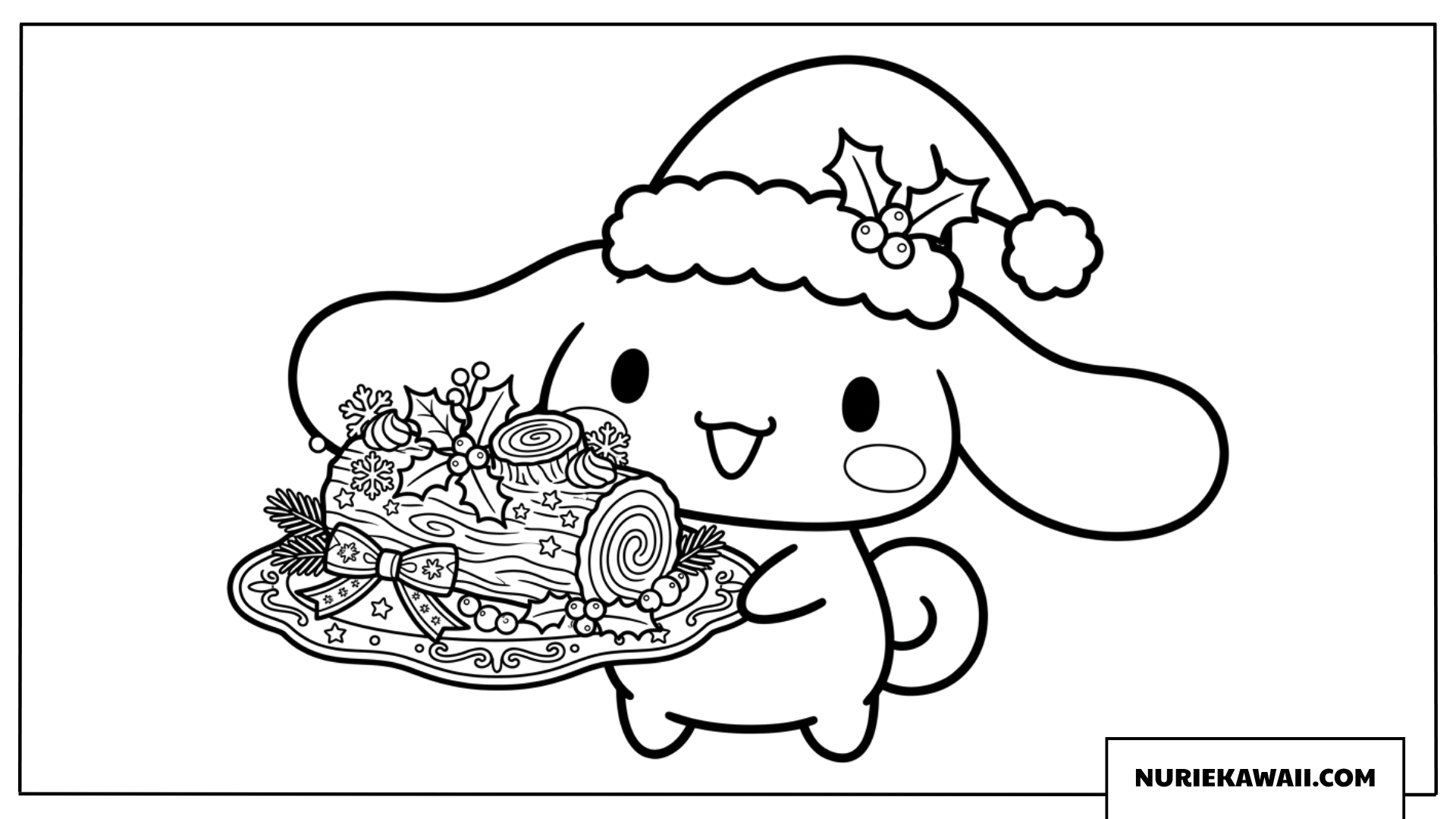 クリスマス帽子をかぶってブッシュドノエルを運ぶシナモロールの塗り絵