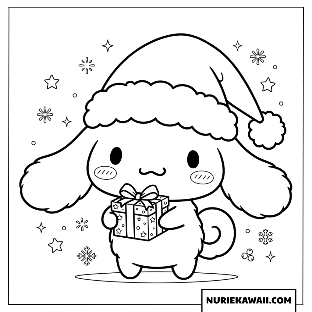 クリスマス帽子をかぶりプレゼントを持つシナモロールの塗り絵