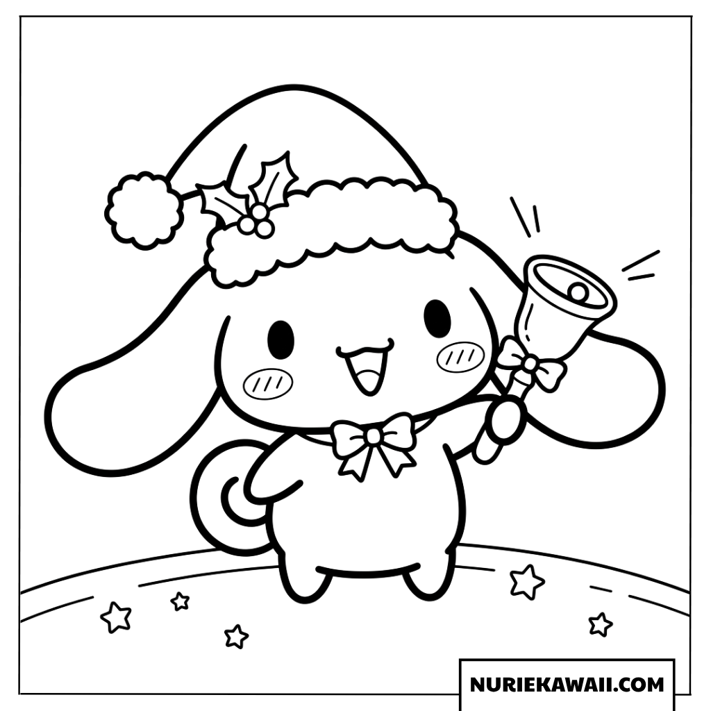 クリスマス帽子をかぶりベルを持つシナモロールの塗り絵