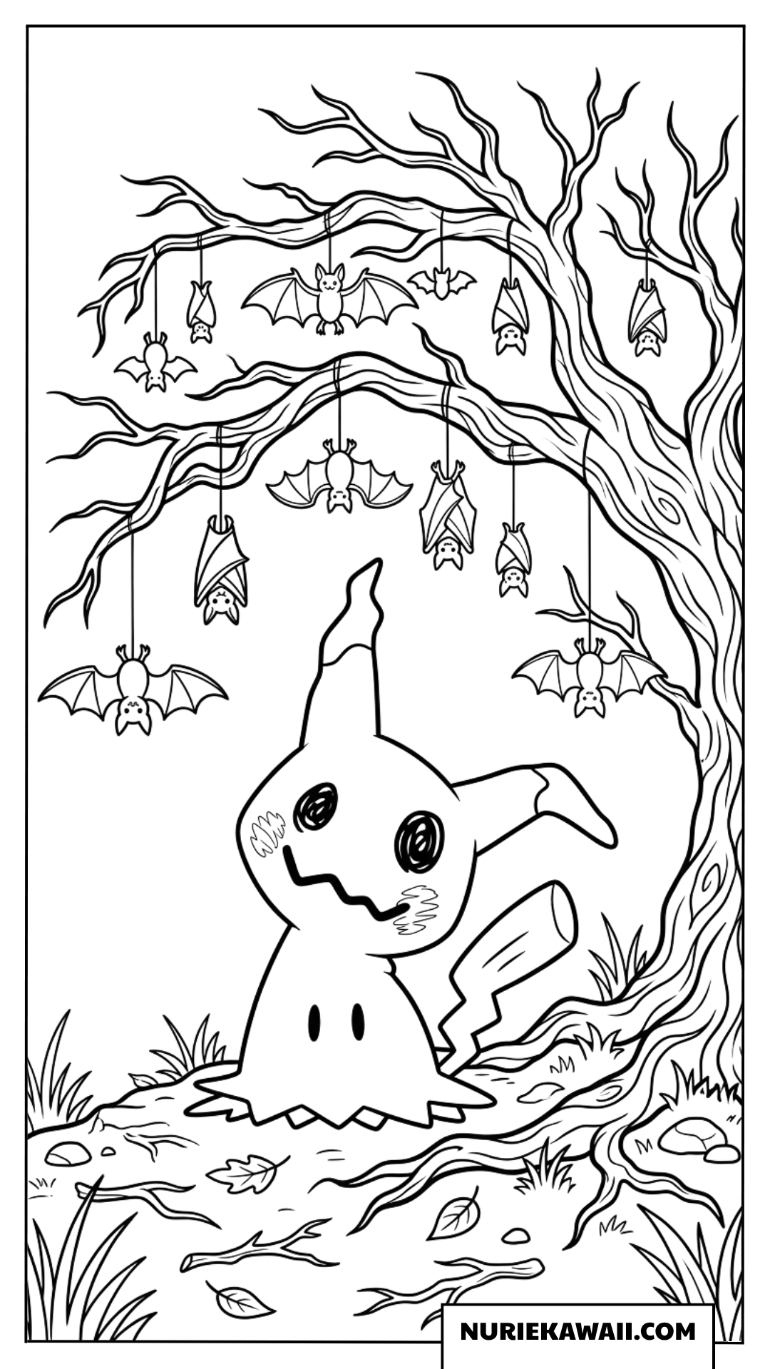 コウモリがたくさんいる古木の下のミミッキュ塗り絵