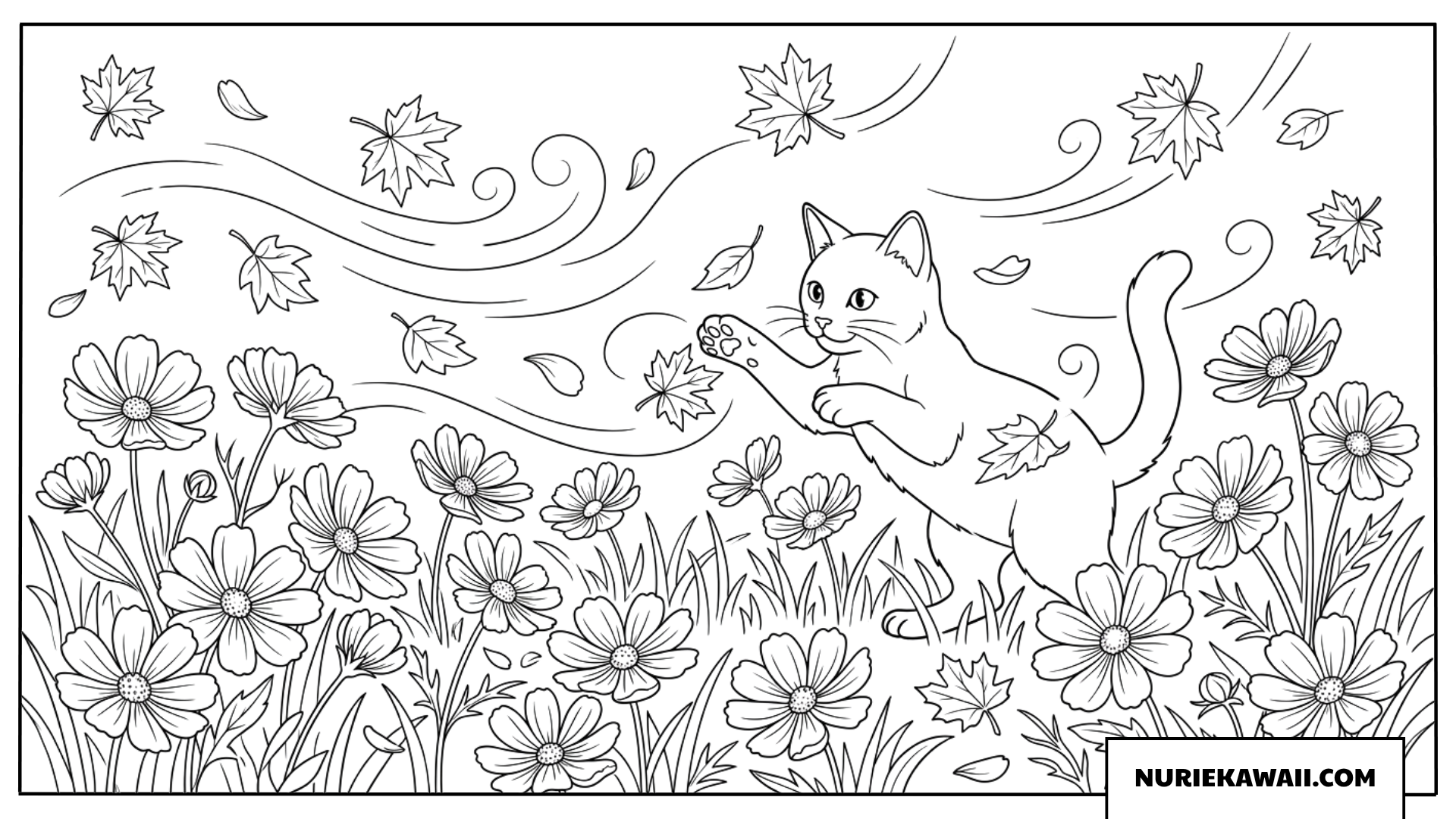 コスモス畑で風に舞うもみじと遊ぶ猫の塗り絵