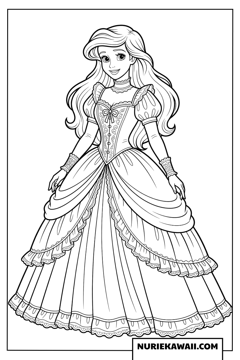 ゴージャスなドレスのアリエル塗り絵