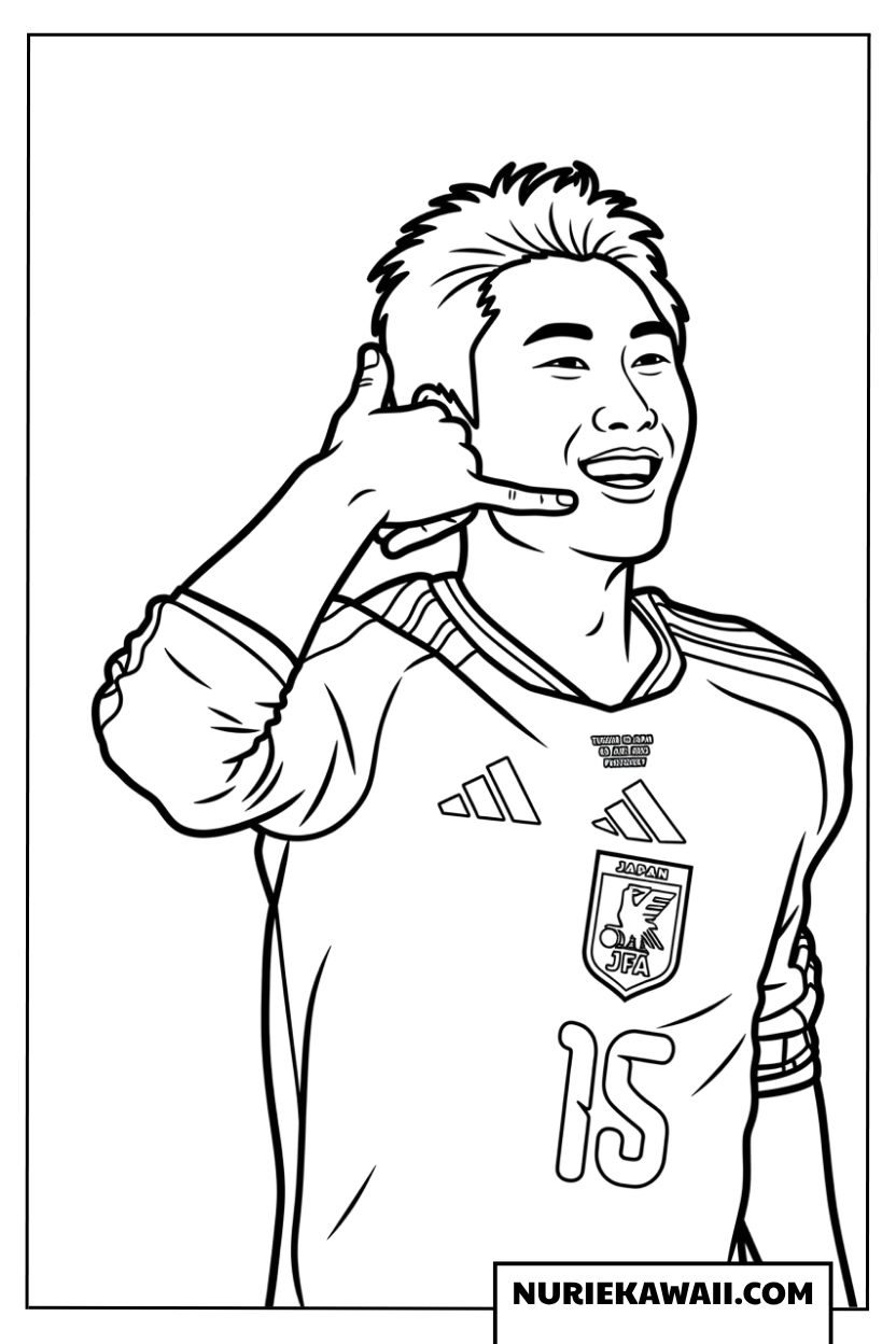 ゴールを決めて電話のポーズで歓喜する鎌田大地選手の塗り絵