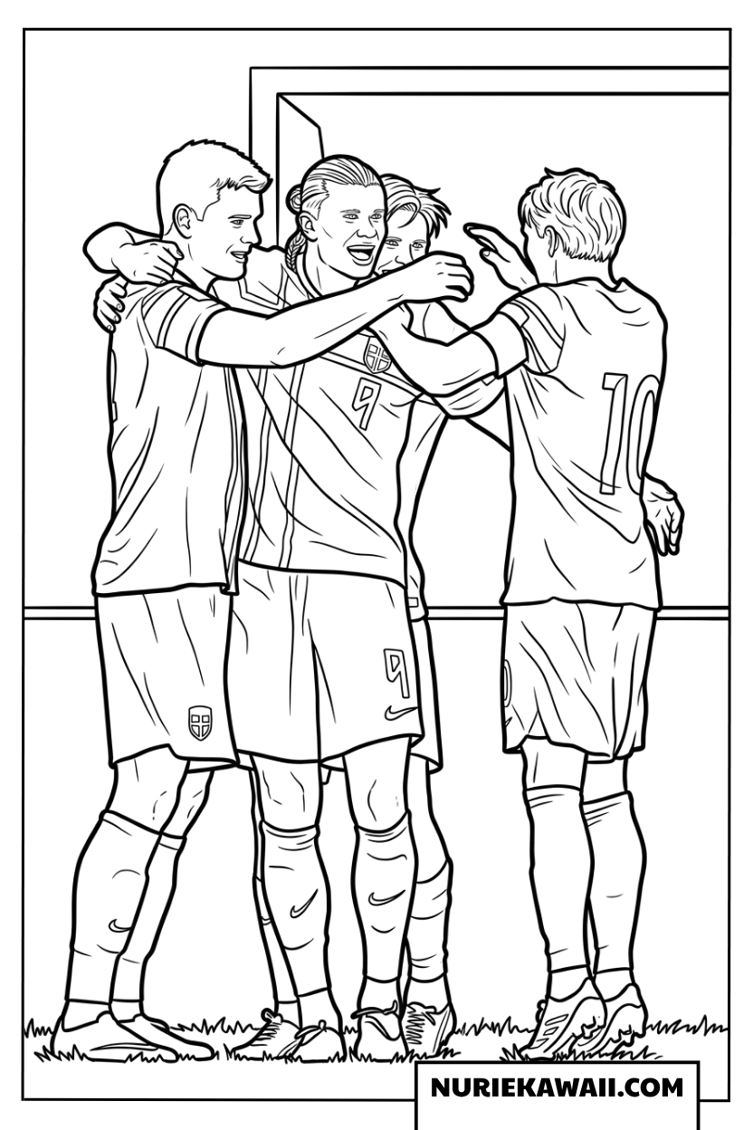 ゴール後に抱き合ってチームの勝利を喜び合うノルウェー代表の塗り絵