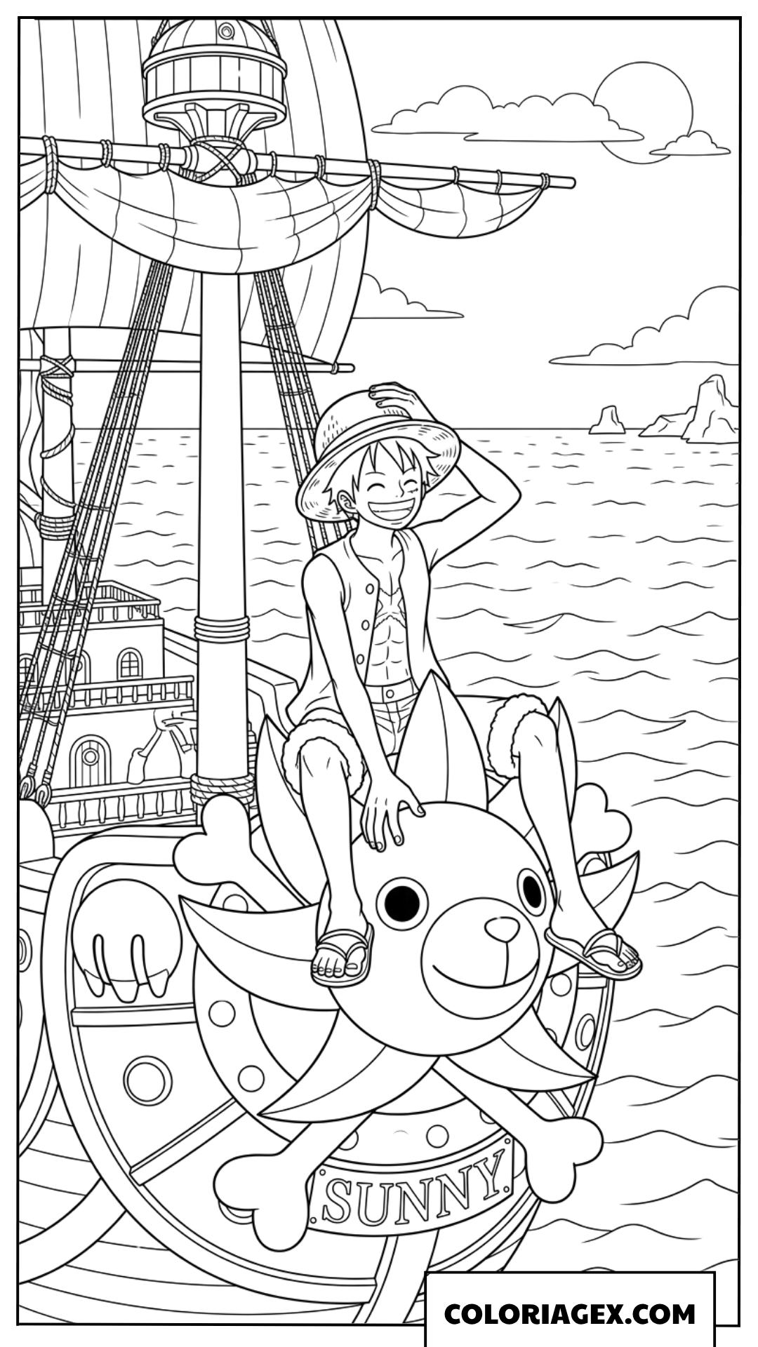 サウザンドサニー号の船頭で楽しく航海するルフィの塗り絵