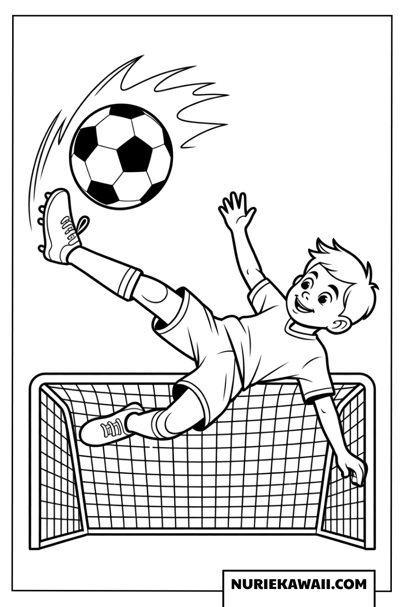 サッカーでゴールを決める少年の塗り絵