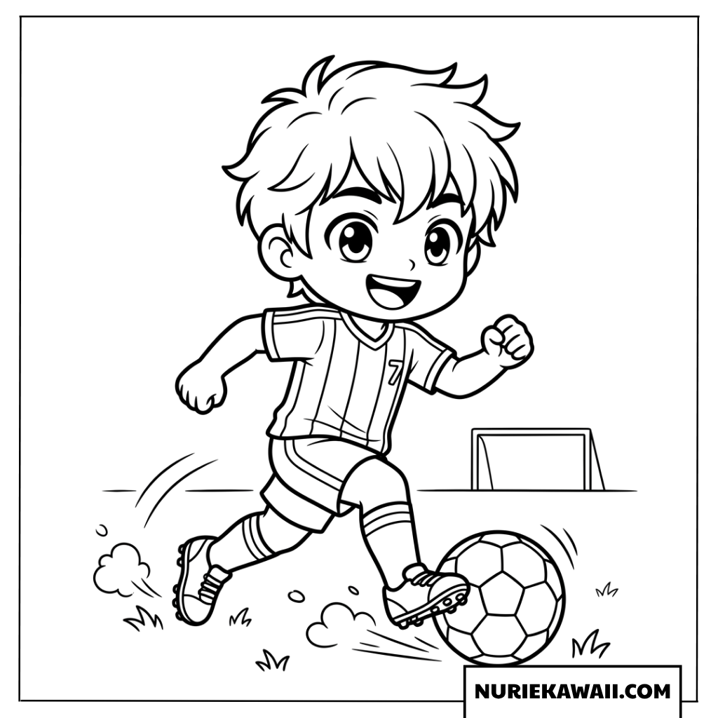 サッカーを楽しむ元気なちびキャラ男の子の塗り絵