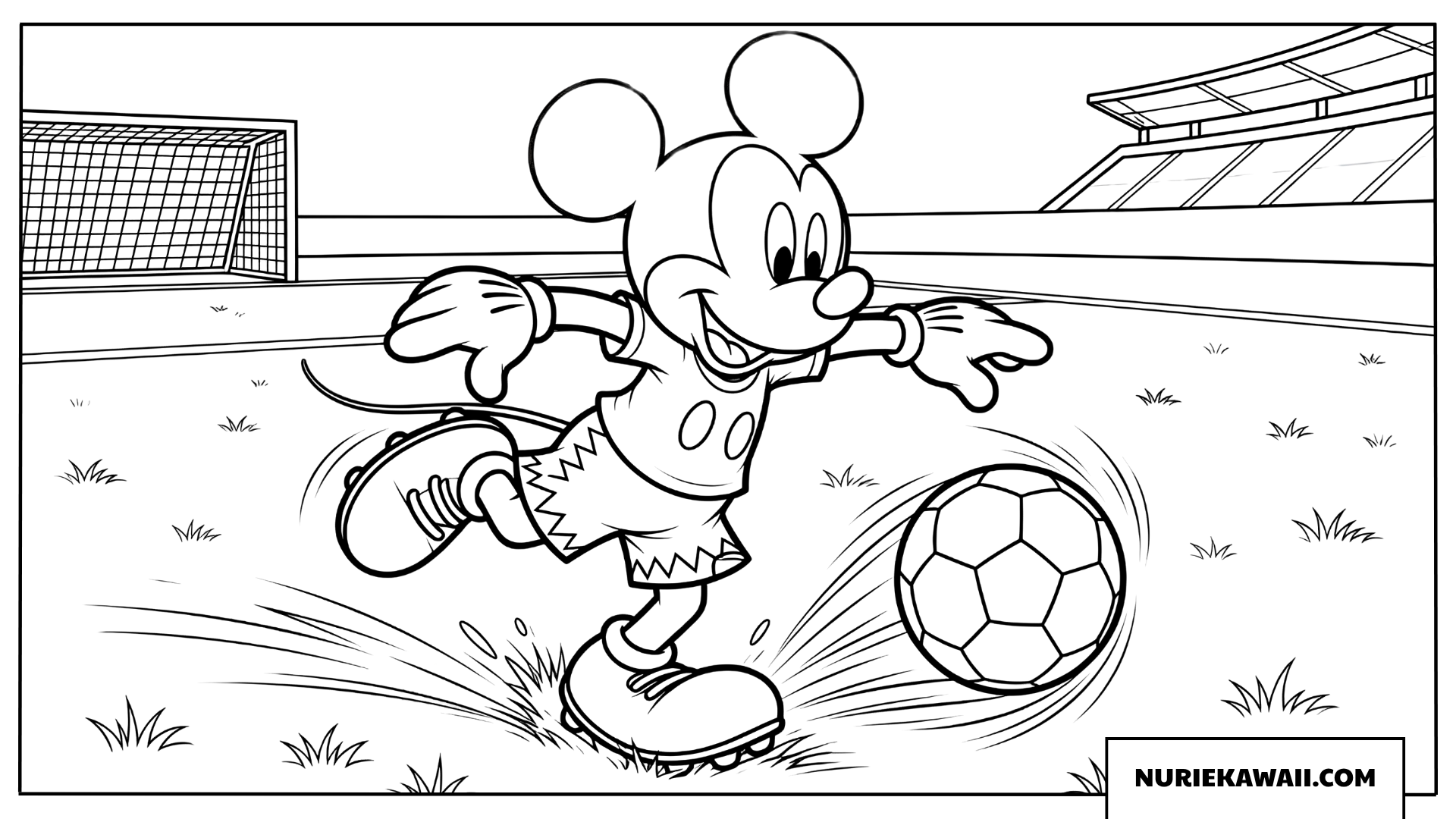 サッカー場で元気にボールを蹴るミッキーマウスの躍動感ある塗り絵