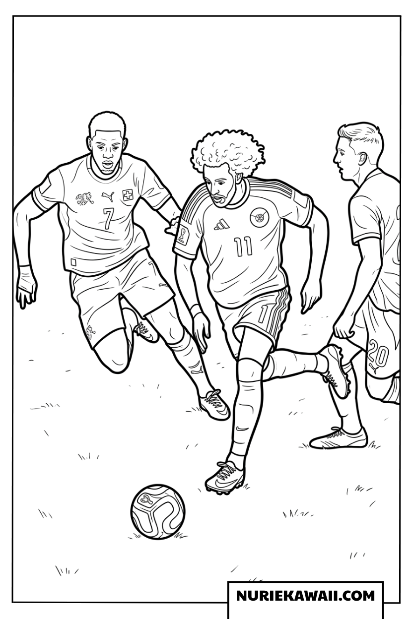 サッカー選手がボールを奪い合う塗り絵