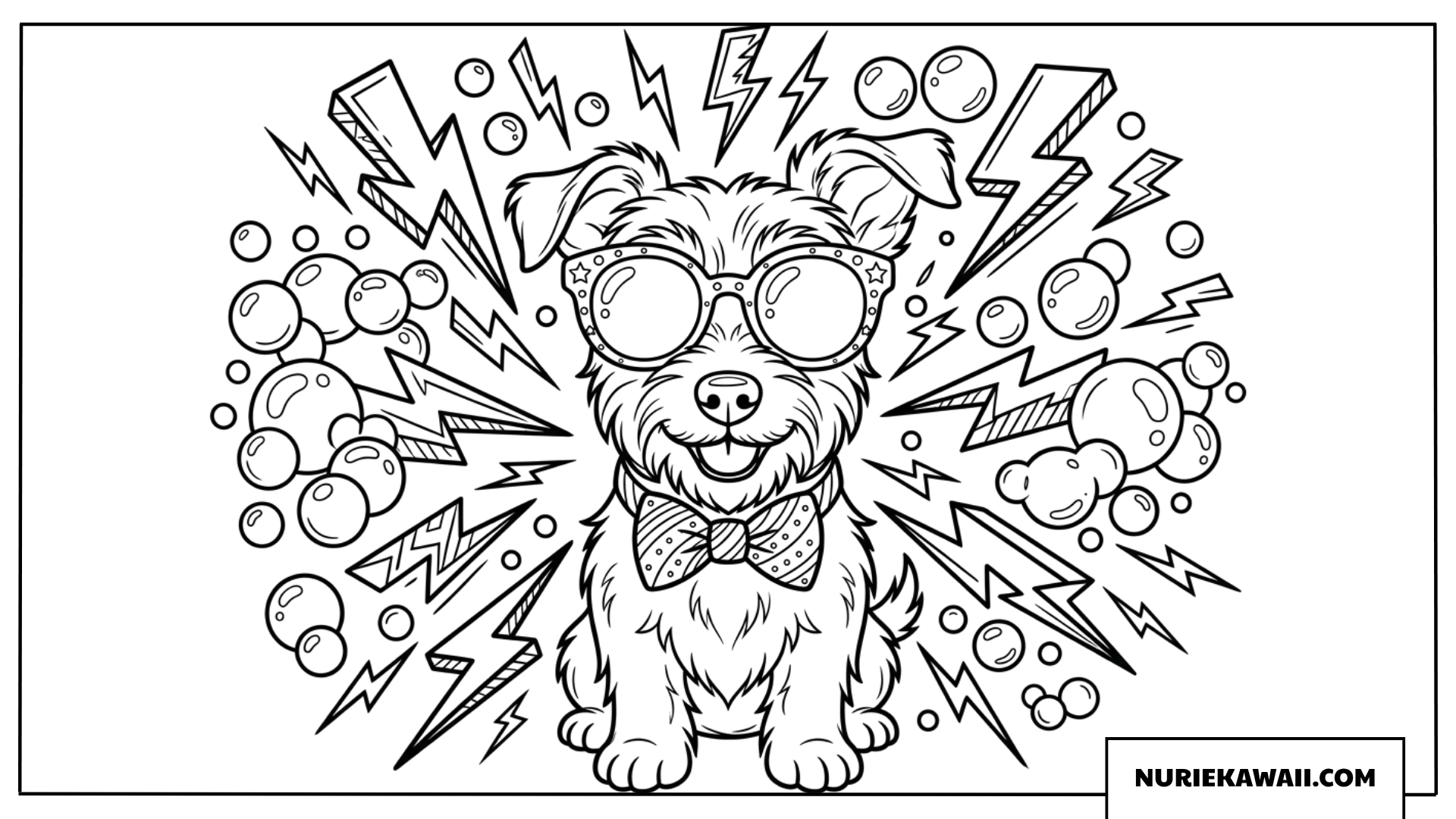 サングラスと蝶ネクタイをつけたポップな子犬の塗り絵