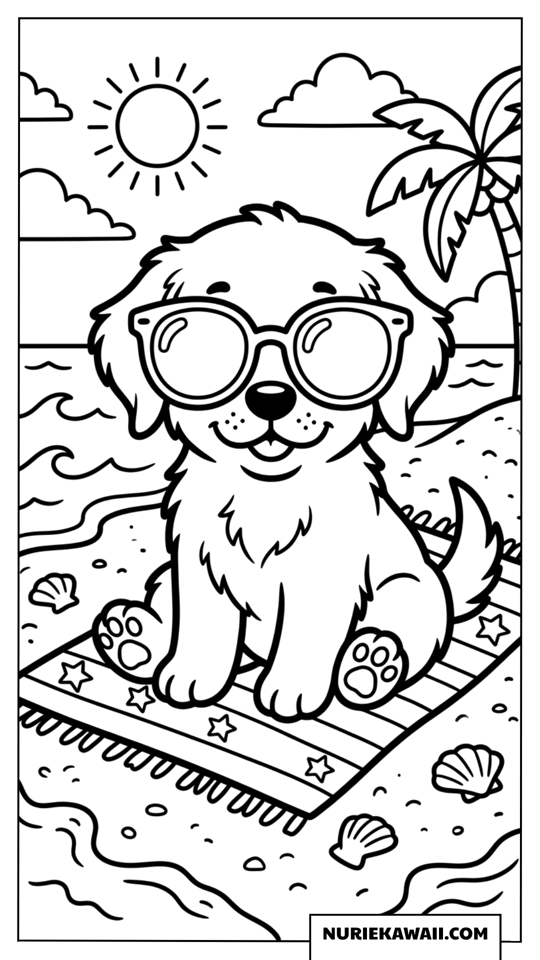 サングラスをかけて夏のビーチの敷物の上でリラックスする子犬の塗り絵