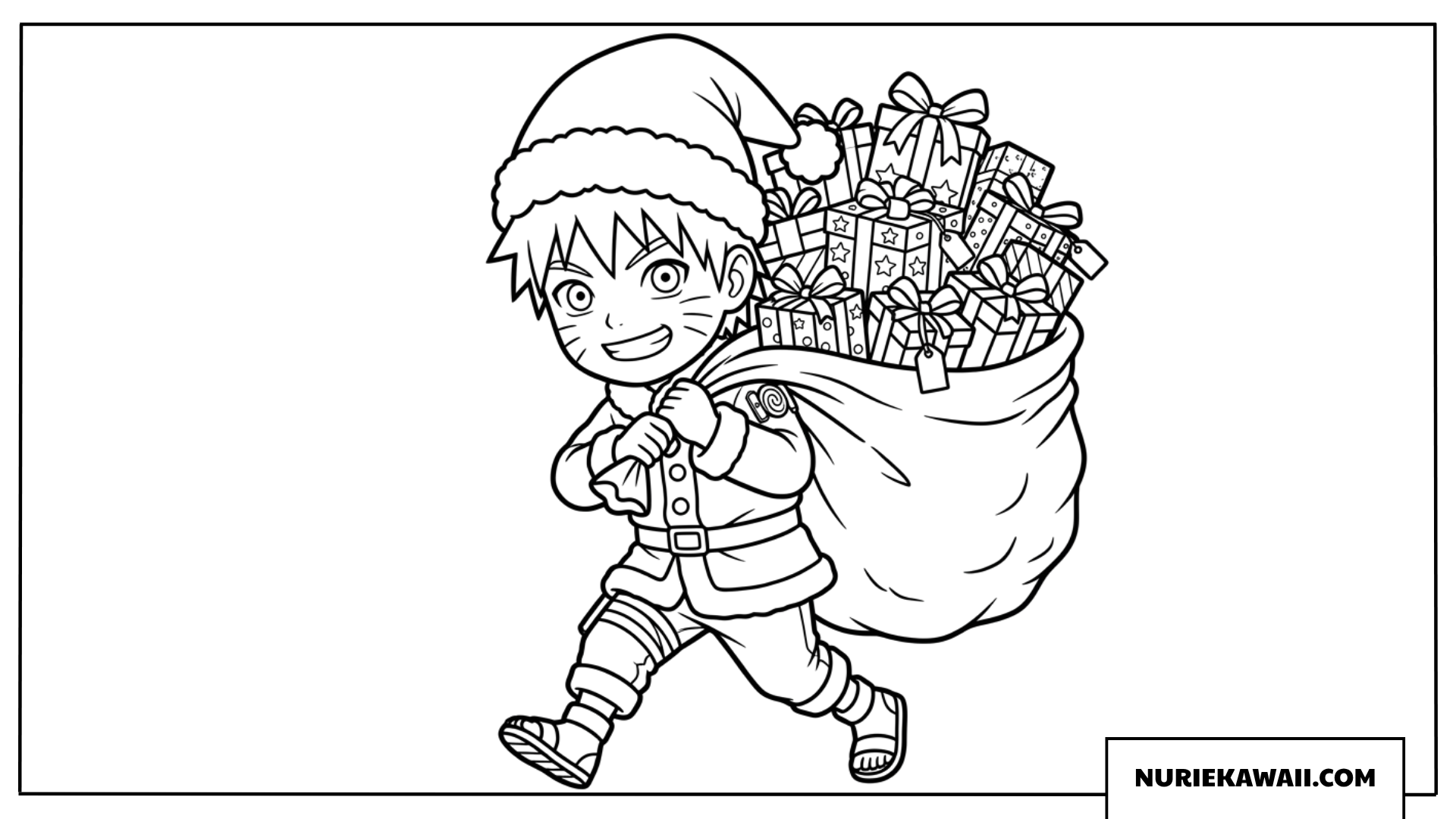 サンタクロースの衣装を着て大きなプレゼント袋を運ぶナルトちびキャラの塗り絵