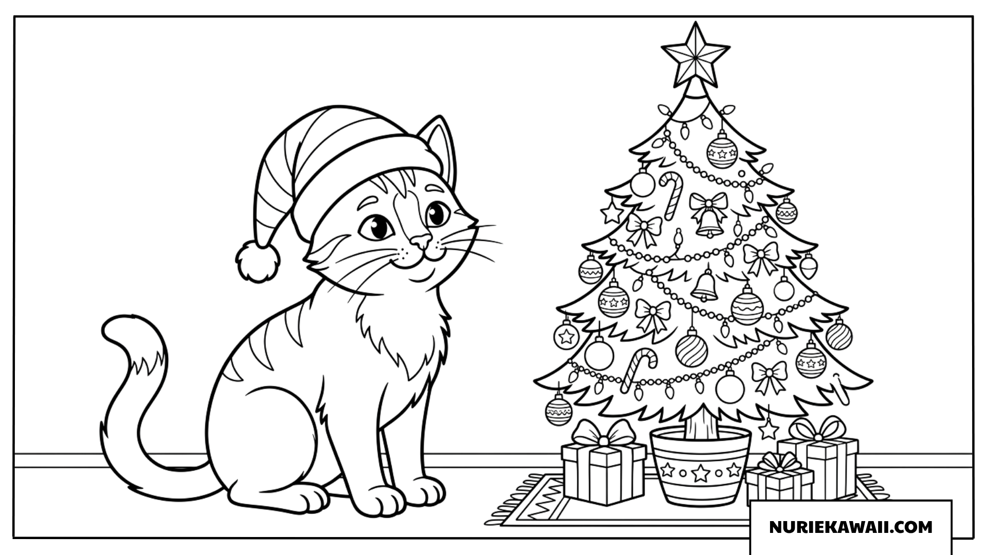 サンタ帽をかぶった子猫とクリスマスツリーの可愛い塗り絵