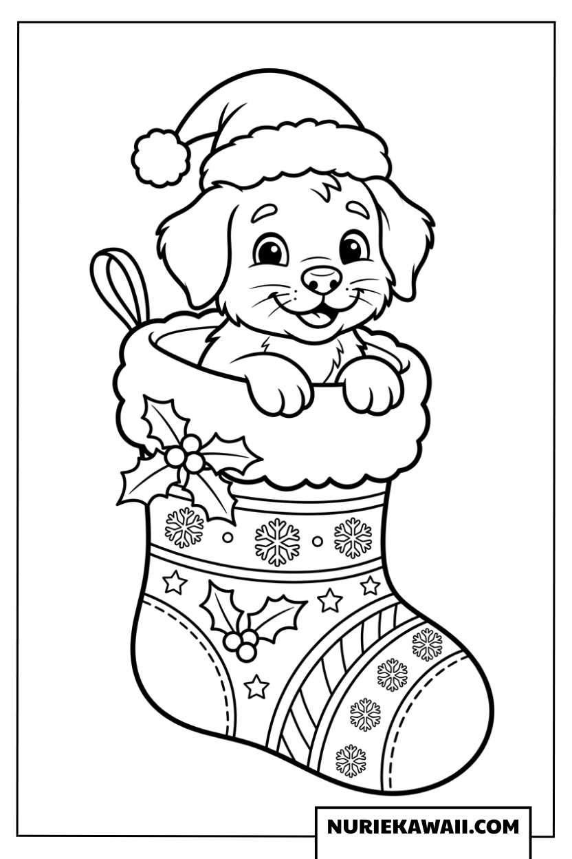 サンタ帽をかぶりクリスマスの大きな靴下に入った子犬の塗り絵