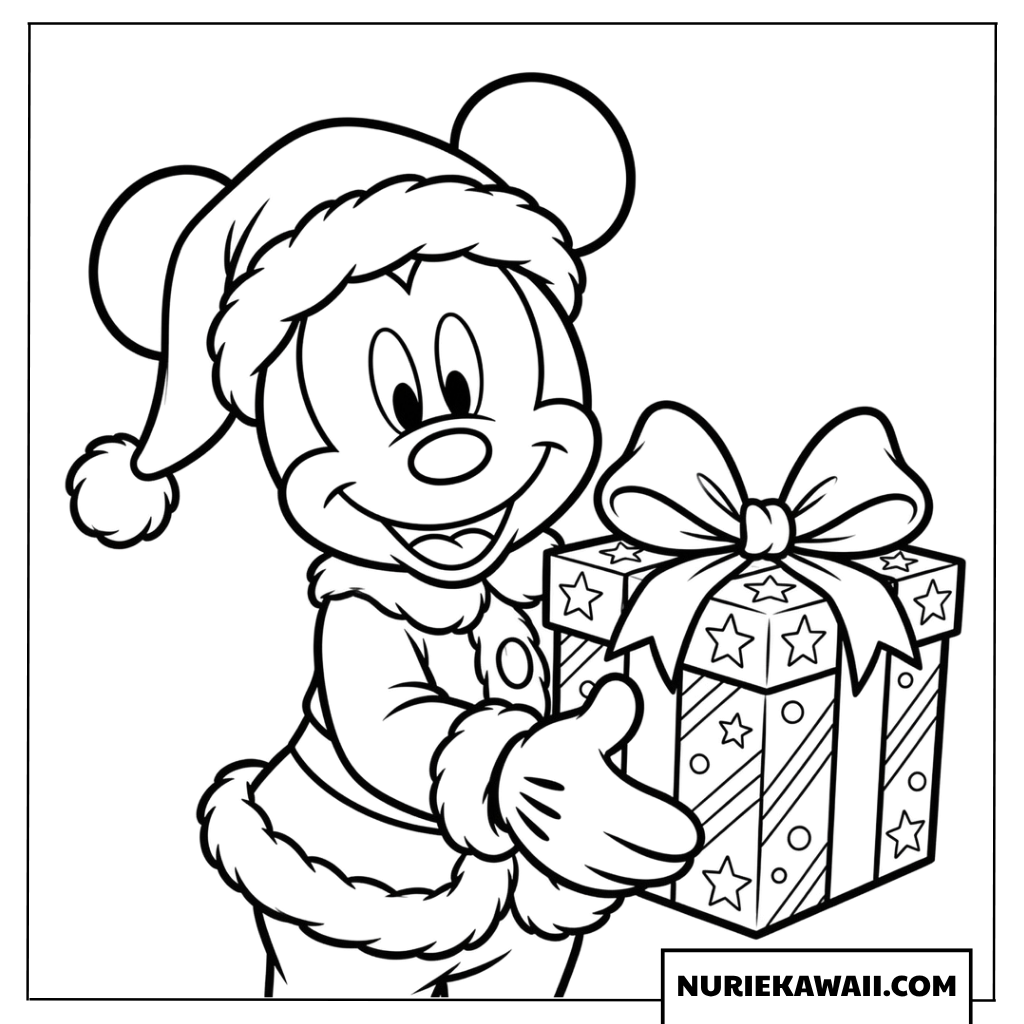 サンタ服のミッキーがクリスマスプレゼントを持っている塗り絵