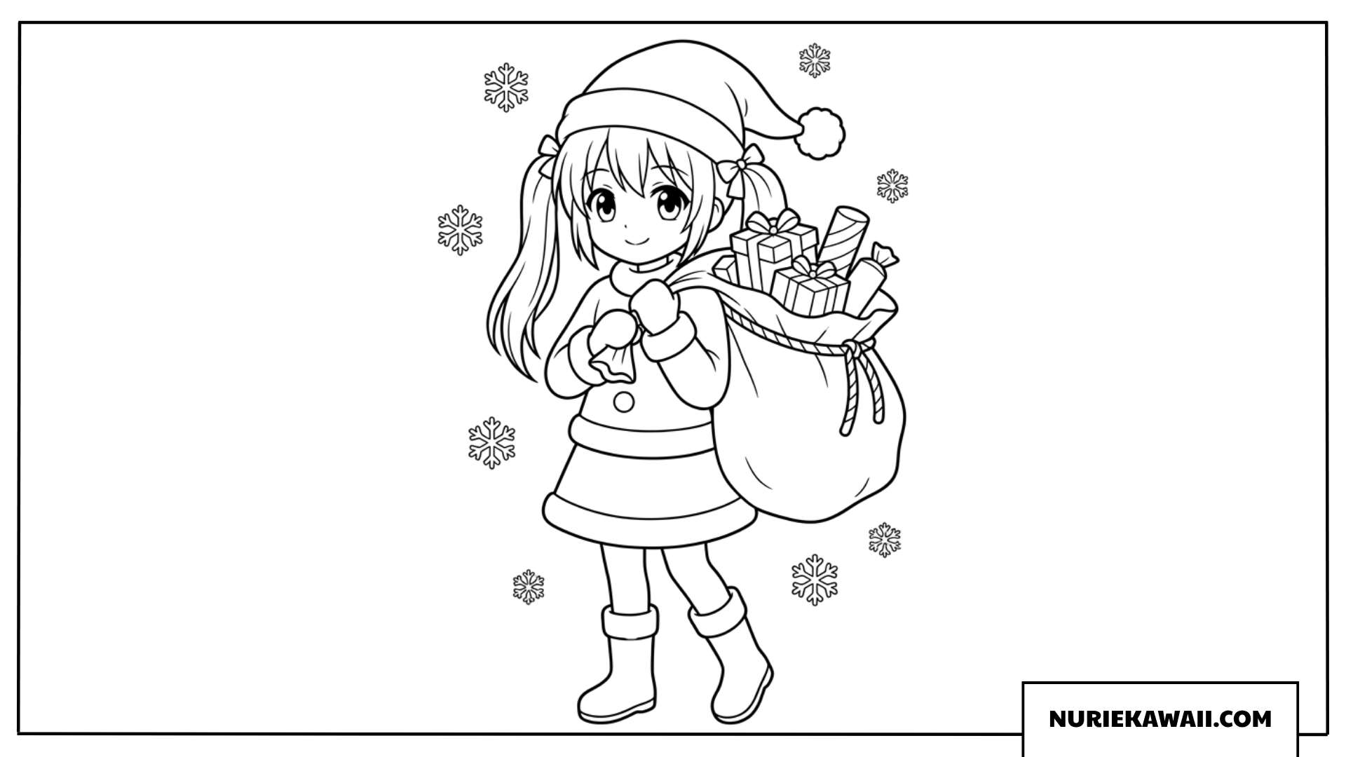 サンタ服を着てプレゼントの大きな袋を背負うツインテールのアニメ女の子の塗り絵