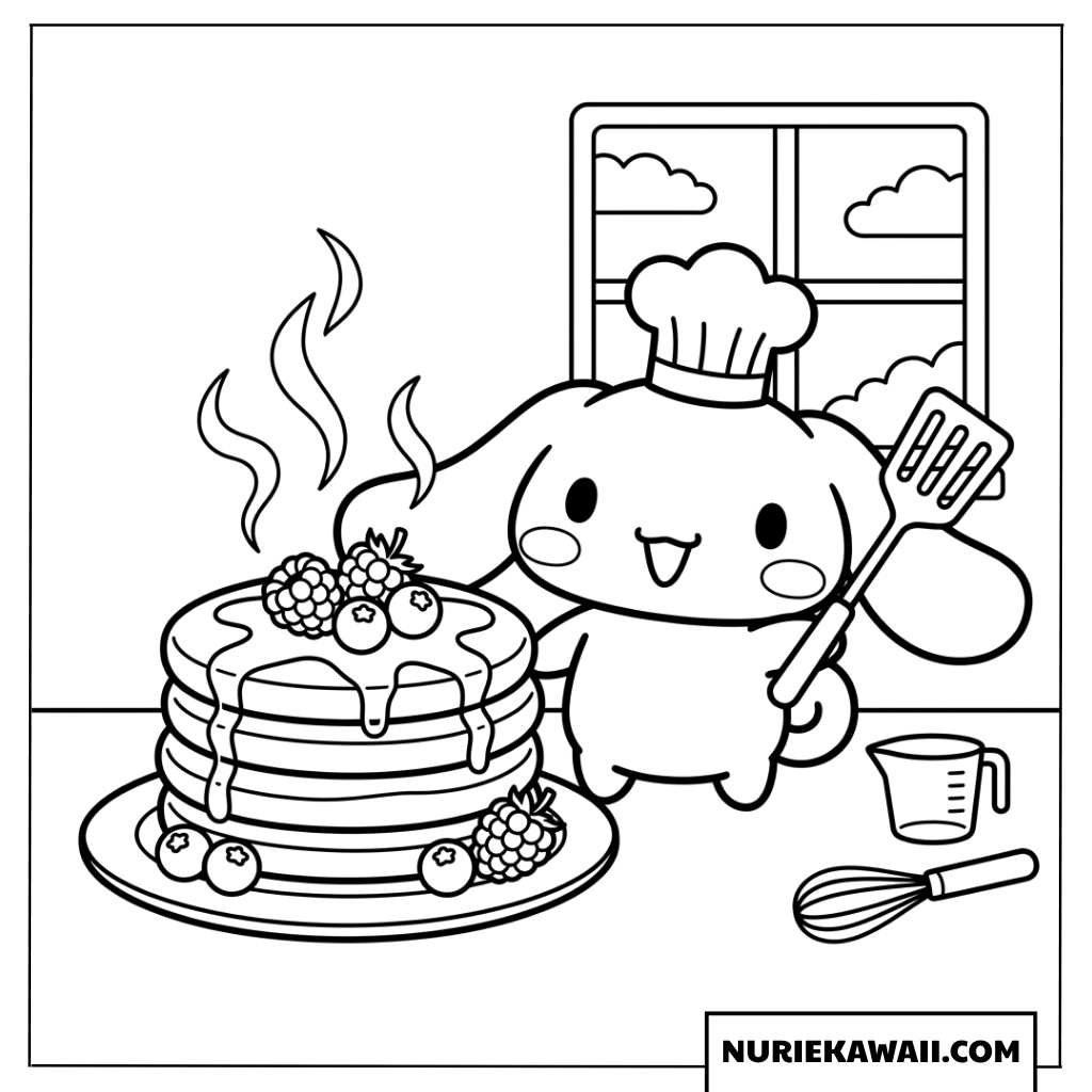 シェフの帽子をかぶって美味しいパンケーキを作るシナモロールの塗り絵