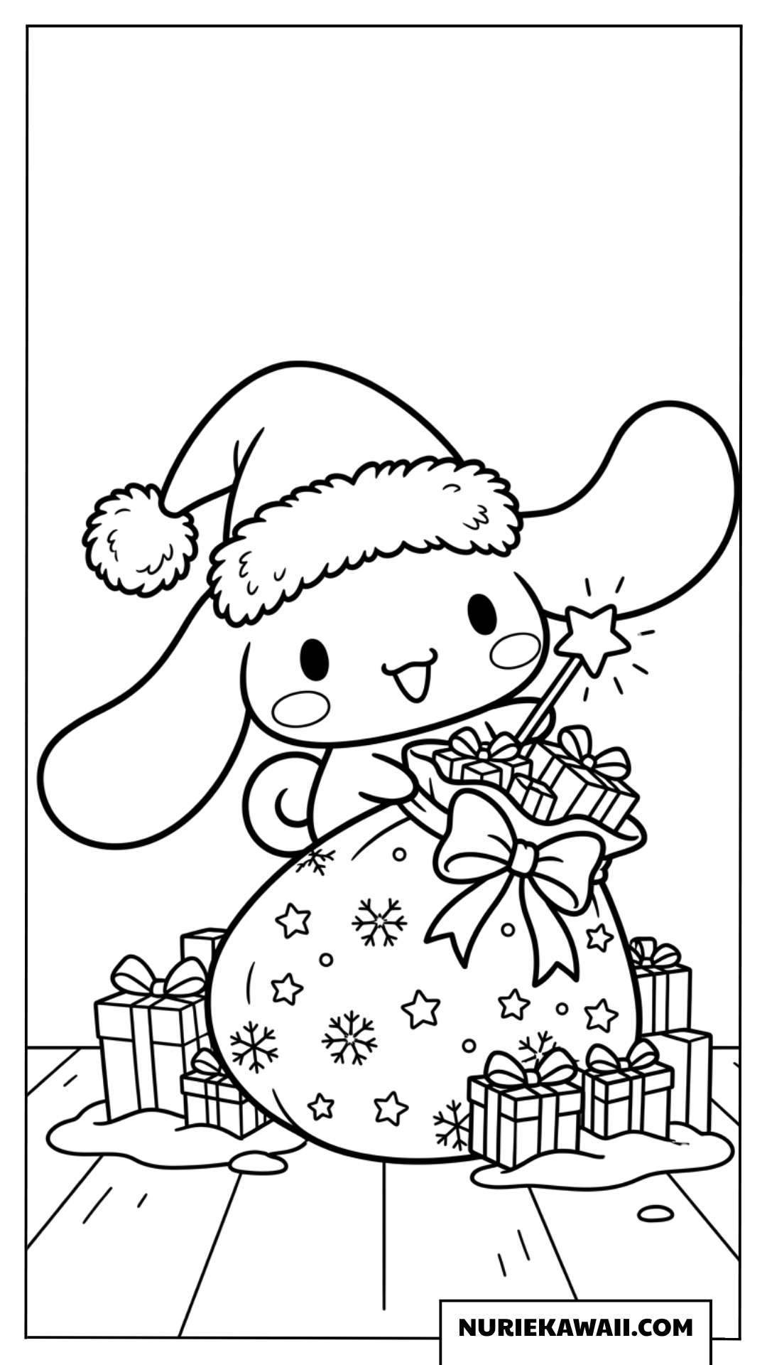 シナモン 塗り絵 サンタ帽と大きなプレゼント袋