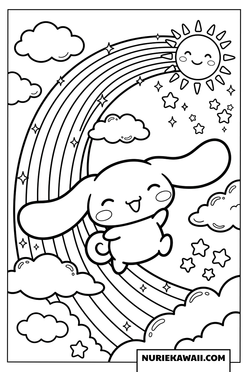 シナモン 塗り絵 虹の架け橋と笑顔の太陽