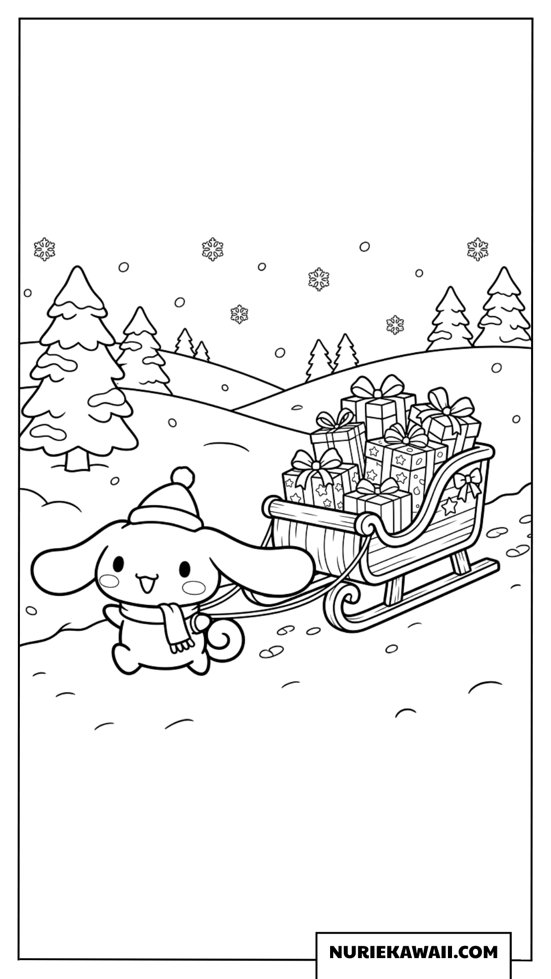 シナモン 塗り絵 雪景色とプレゼントのソリ