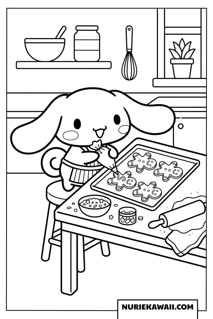 ジンジャーマンクッキーをデコレーションするシナモロールの塗り絵